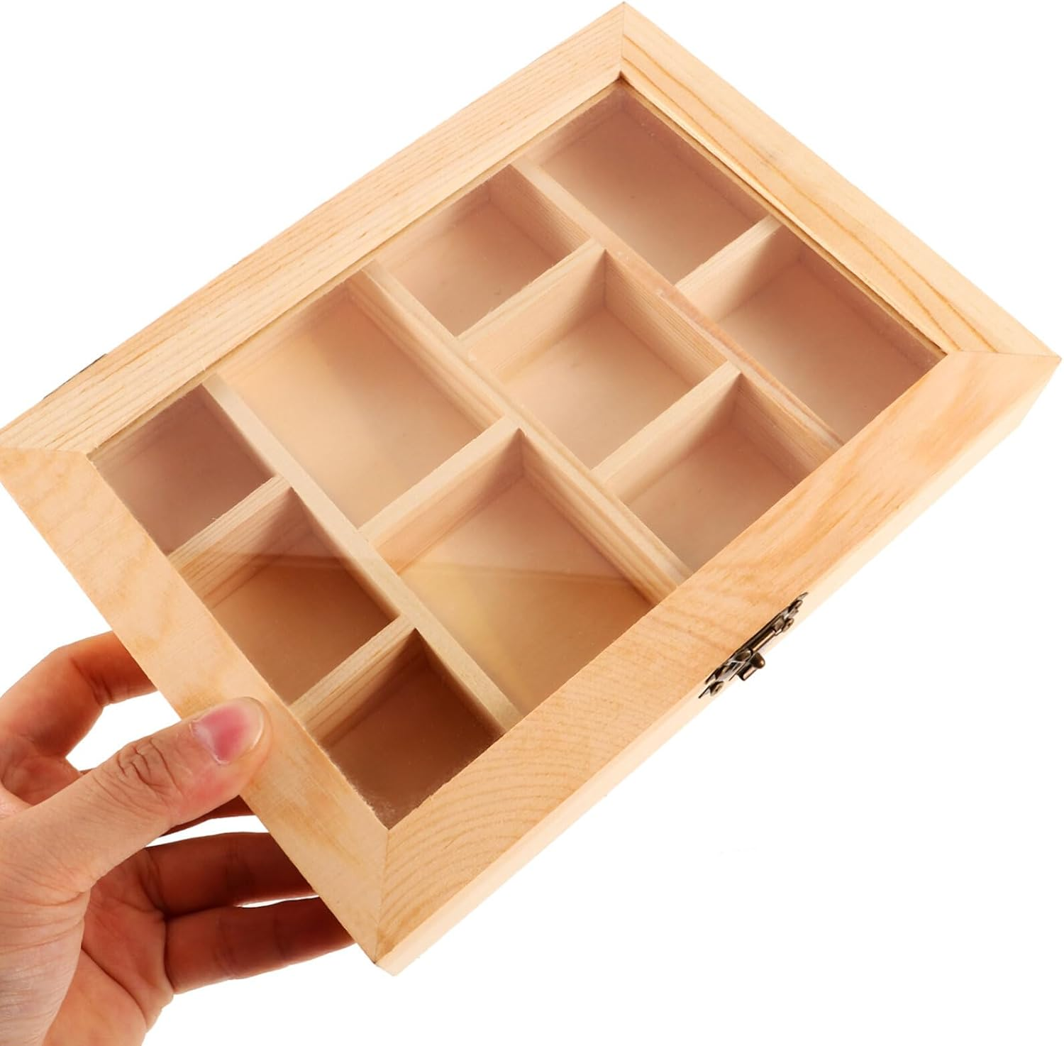 Alipis Rock Display Case Wood Blank Jewelry Organizer Box Tea Bag Organizer, Rock Collection Box 10 Grids Crystal Holder with Clear Lid image number 1