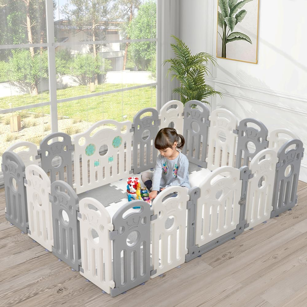 Playpals Foldable Baby Playpen, 20 Panels Baby Play Pen for Babies and Toddlers, Indoor Outdoor Kids Activity Centre, Safety Play Yard with Adjustable Shape for Toddlers(Blue + White)