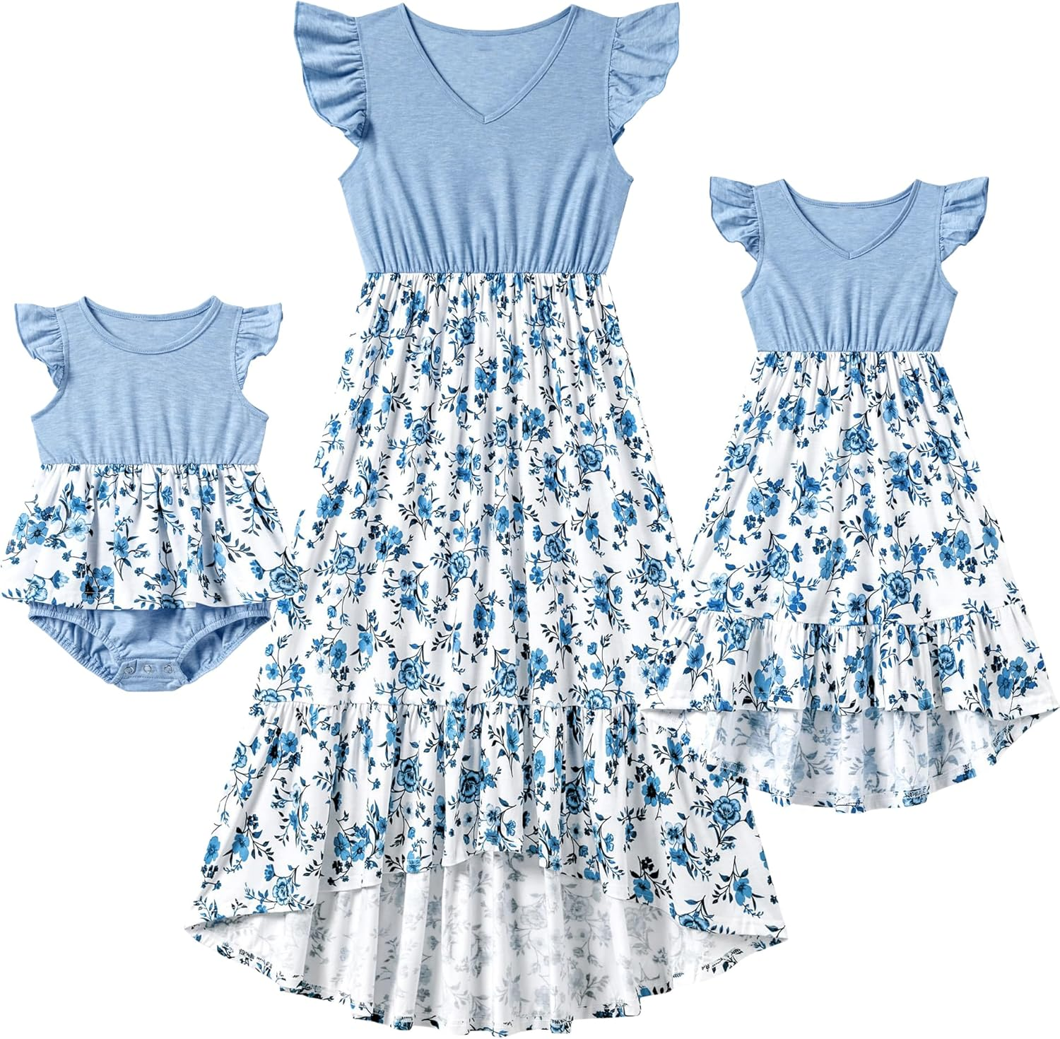 Focamia Pink V Neck Ruffle Short-Sleeve Splicing Butterfly and Floral Print Dress for Mom and Me