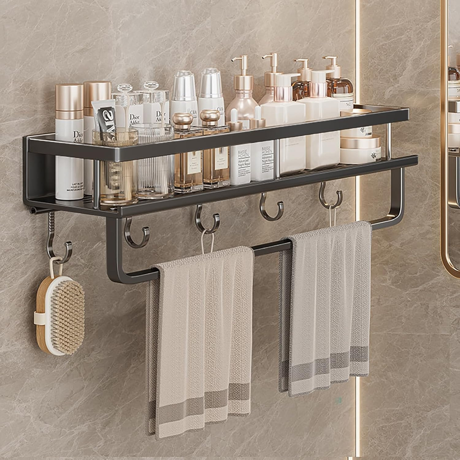 ZOOMTEC Large Shower Caddy with 5 Hooks and Removable Towel Bar, W50&times;D12Cm Rustproof Shower Organizer, Wall-Mounted No Drilling Bathroom Caddy for Balcony (Black)