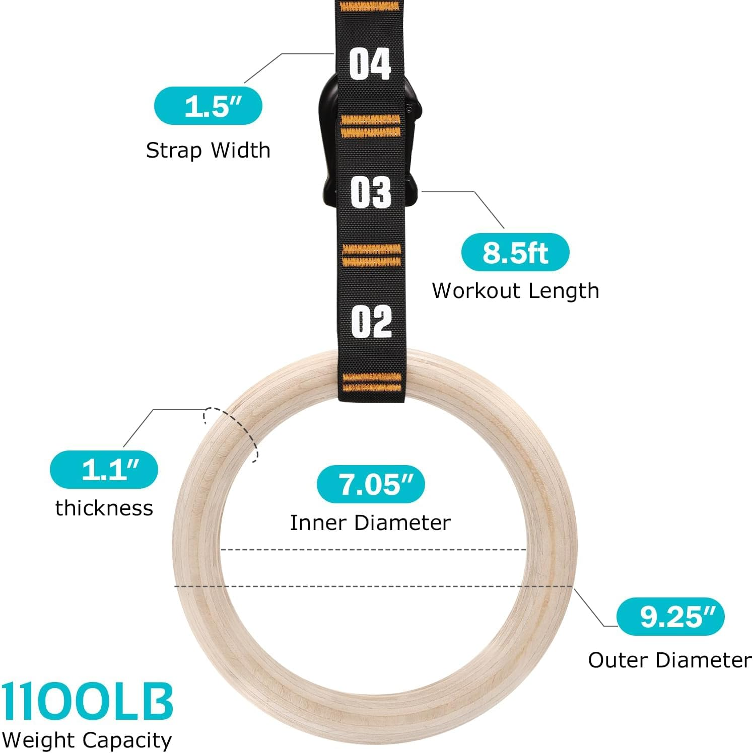 Wooden Gymnastics Rings with Adjustable Numbered Straps. Olympic Rings for Core Workouts, Weight Training. Home Indoor Gymnastics Hoop Set, Exercise Rings 1600 Lbs with Workout Handles image number 2