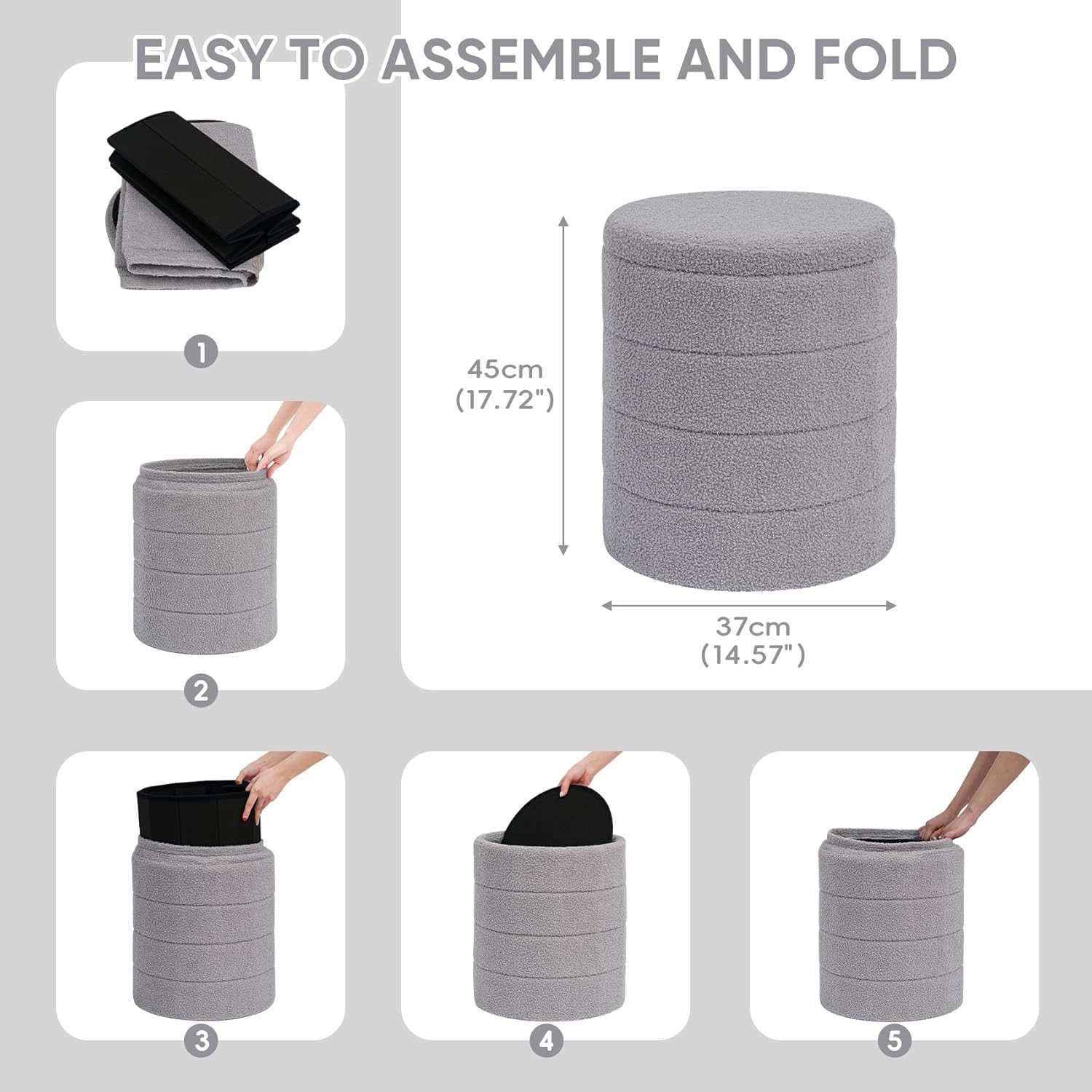 PINPLUS round Storage Ottoman, Foldable Sherpa Ottoman Footstool Storage with Coffee Table for Living Room, Bedroom, Dorm (Dark Grey) 14.6"X14.6"X17.7" image number 5