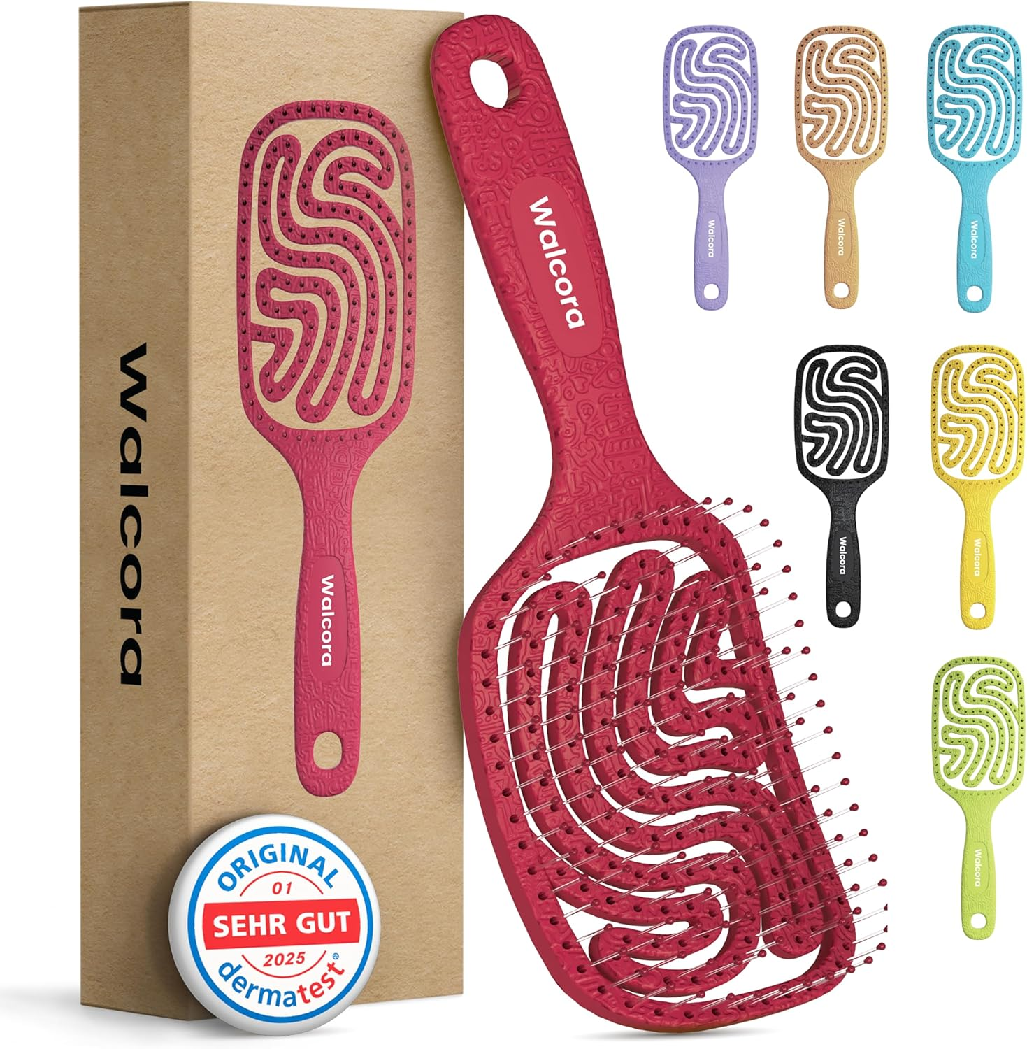 Walcora Hair Brush without Pulling, Detangling Brush & Detangler Brush for Women, Men & Children, for Curls, Wet, Fine & Long Hair, Hair Brush - Red
