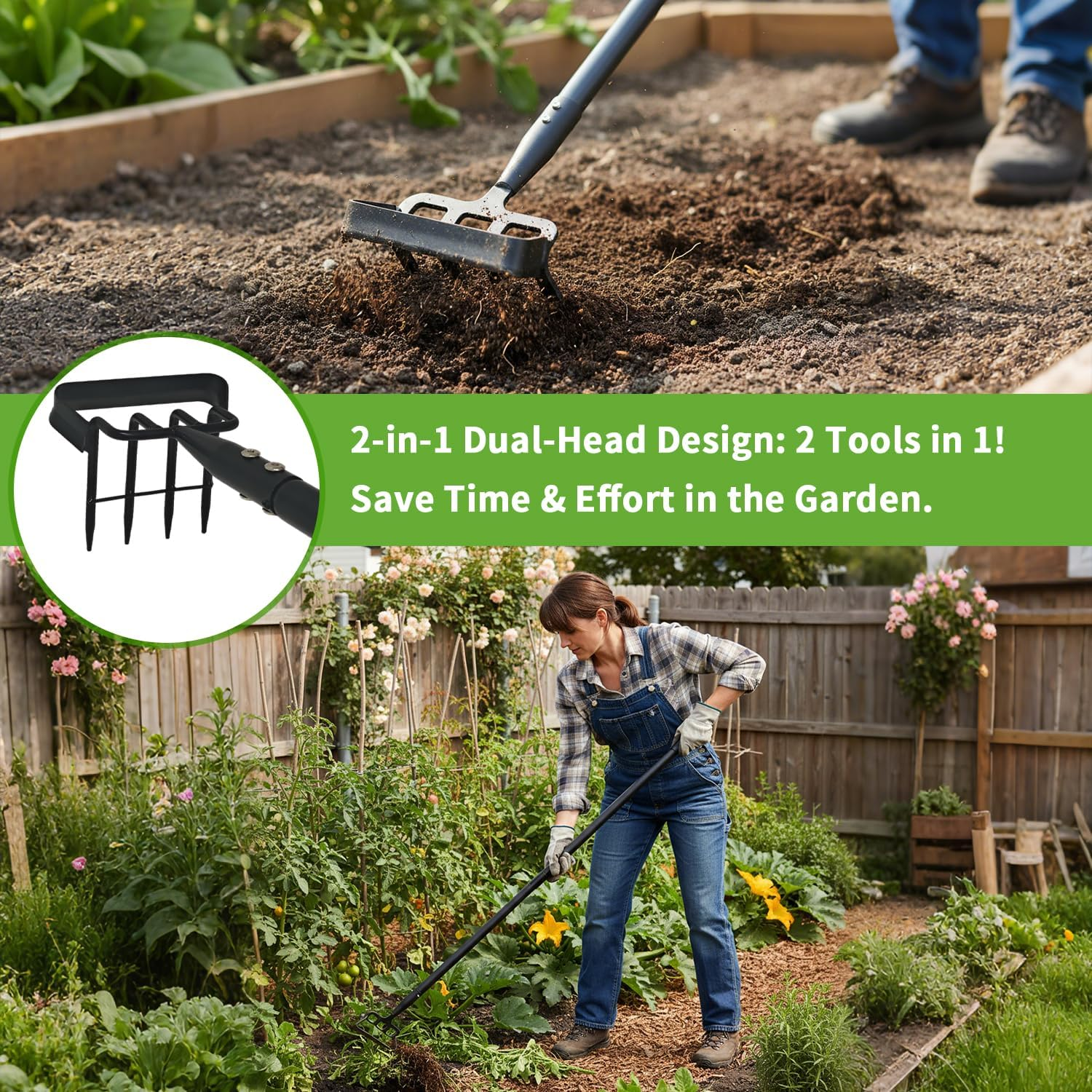 Premium Stirrup Hoe with Adjustable Handle 30-62 Inch, Hula Hoe & Garden Cultivator with Rake for Weed Removal in Flower Beds & Vegetable Gardens image number 1