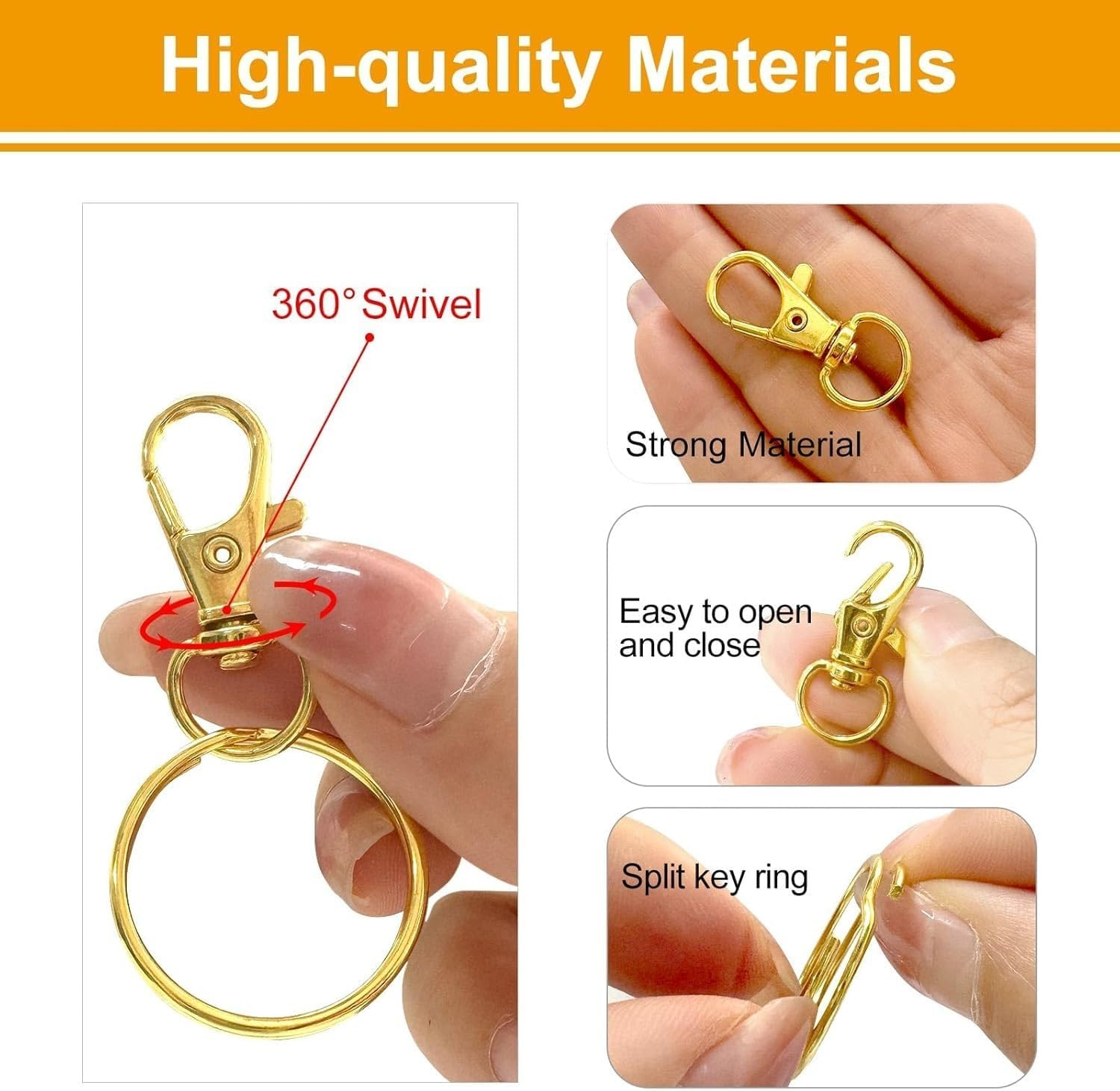 100PCS Premium Metal Swivel Snap Hooks with Key Rings,Swivel Lobster Claw Clasps for Keychain Clip Lanyard,Jewelry Making,Diy Crafts(Silver) (Gold)