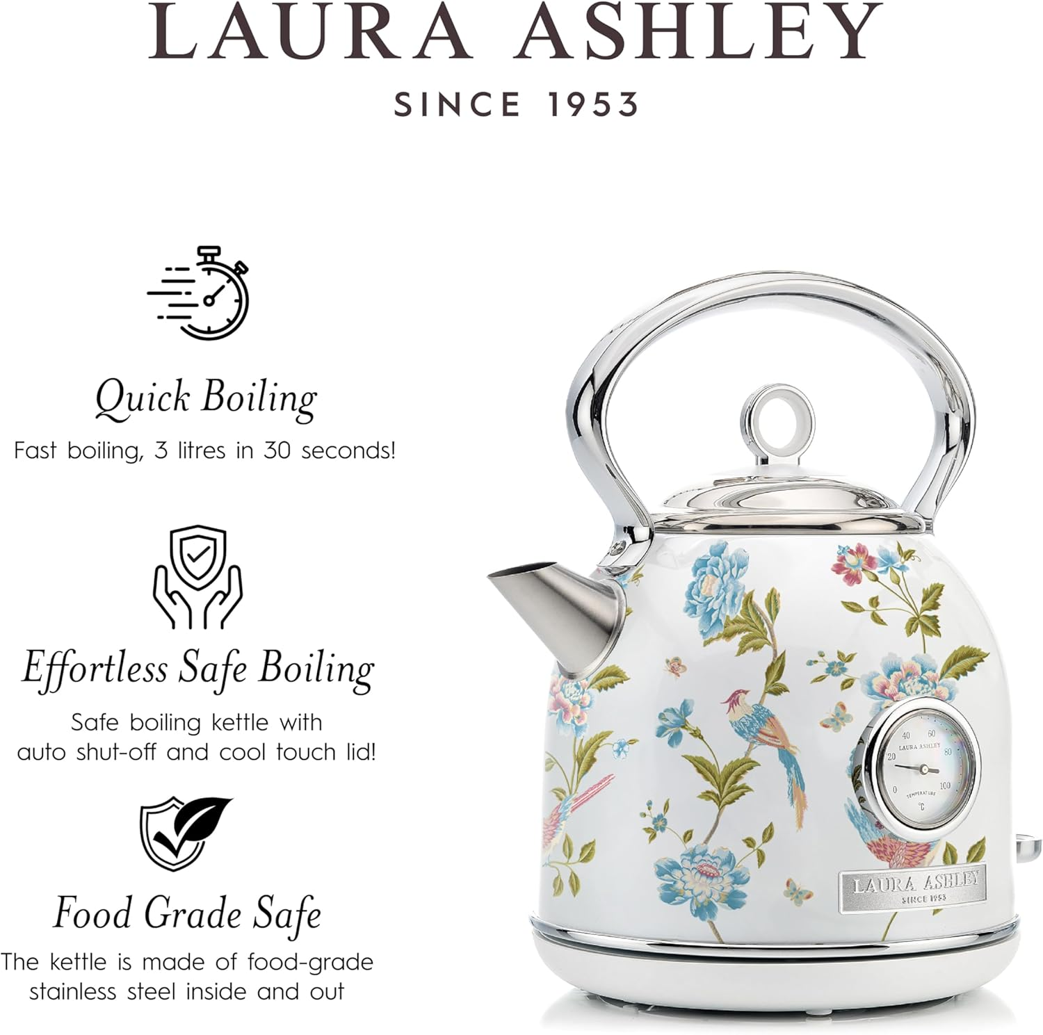 Laura Ashley Elveden White Electric Kettle 1.7L | Stainless Steel Kettle 2200W | Fast Boil Kettle Electric with Limescale Filter | Overheating & Boil Dry Protection Pyramid Retro Kettle - Laura Ashley Elveden Navy image number 6