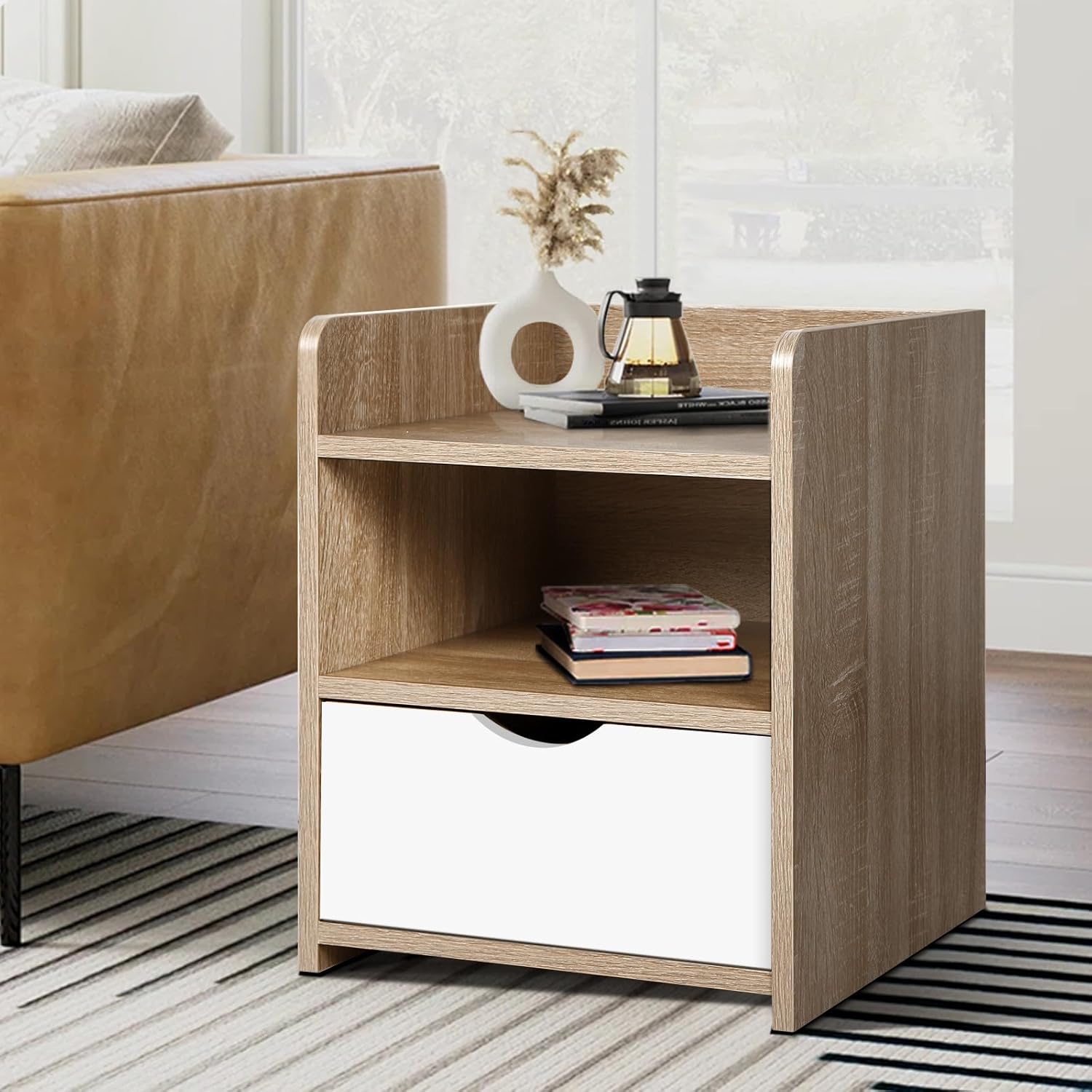 ALFORDSON Hamptons Bedside Table, 37.5Wx 34Dx 45Hcm, Bedroom Nightstand Cabinet, Wooden Sofa Side Chest End Table with Ample Drawer, Open Shelf, Hallway, Living Room Storage Furniture, Wood White - 1 Drawer-Shelves-Black-Air Gap Handle image number 3