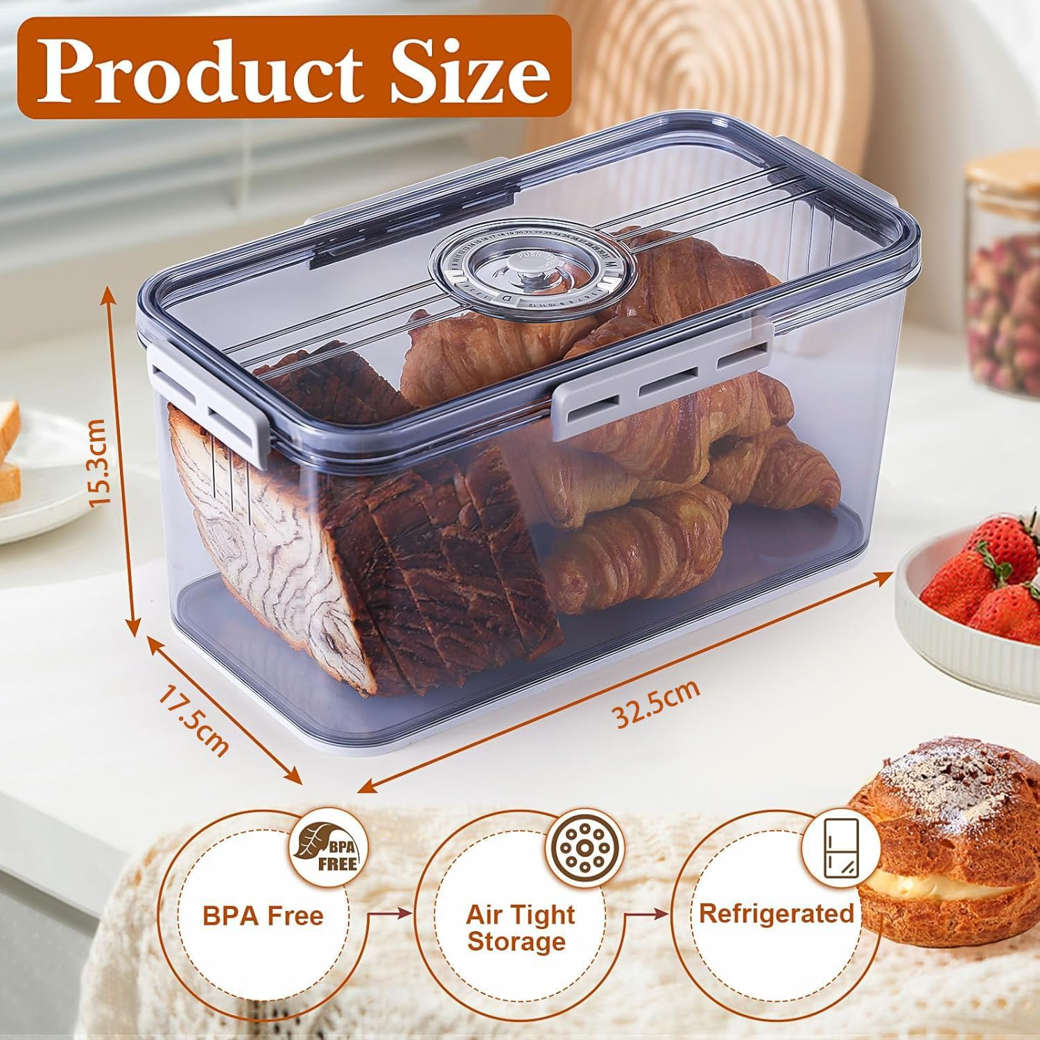 Bread Box for Homemade Bread, Bread Boxes for Kitchen Counter Airtight, Time Recording Bread Storage Container with Lid, Bread Containers Storage Airtight Loaf Bread Keeper, Grey image number 6