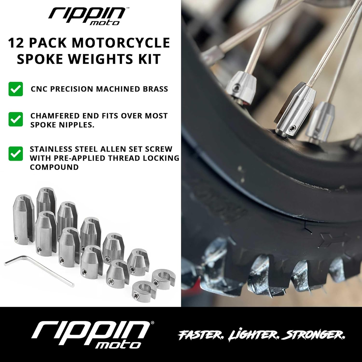 Rippin Moto 12-Pack Motorcycle Wheel Weight Kit | Premium Reusable Nickel Finish Brass Spoke Weights for Motorcycle Wheel Balancing, RPN-12PK-SIL-WGT-KIT