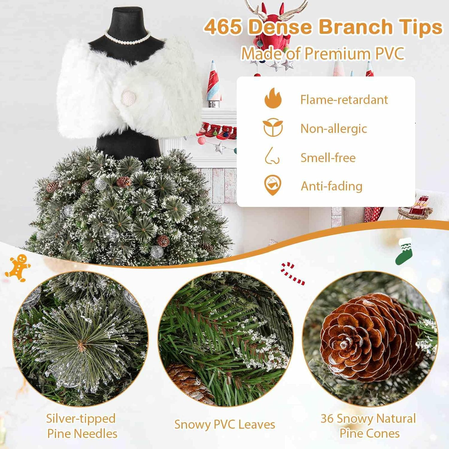 Costway 150CM Pre-Lit Mannequin Artificial Christmas Tree, Hinged Dress Form Xmas Tree W/ 465 Branch Tips, 50 LED Light Balls, 36 Natural Pine Cones, Shawl, Necklace, Holiday Decoration for Home Party image number 3