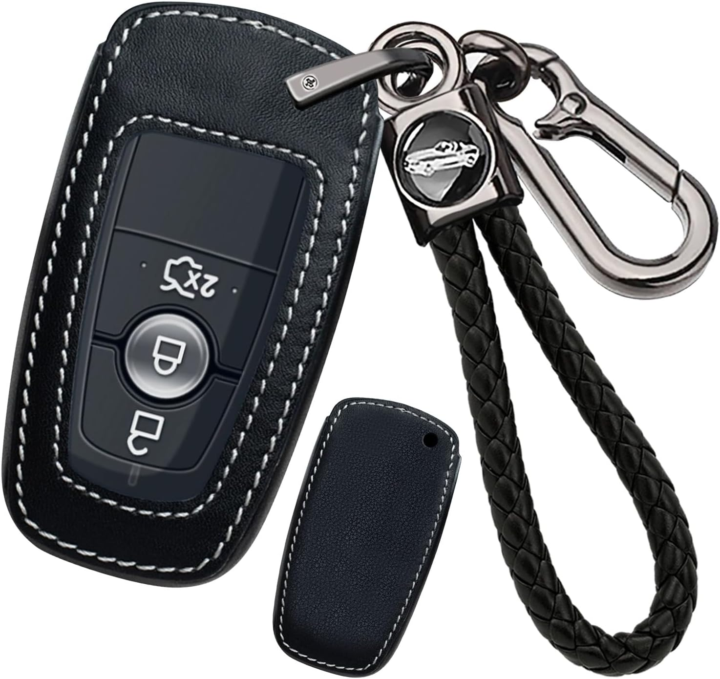 Ontto Leather Car Key Fob Cover Fit for Ford Ranger Everest Transit Custom Kuga Mustang Ecosport Key Case Holder Shell Key Chain Keyring Protector Accessories 3/4 Buttons