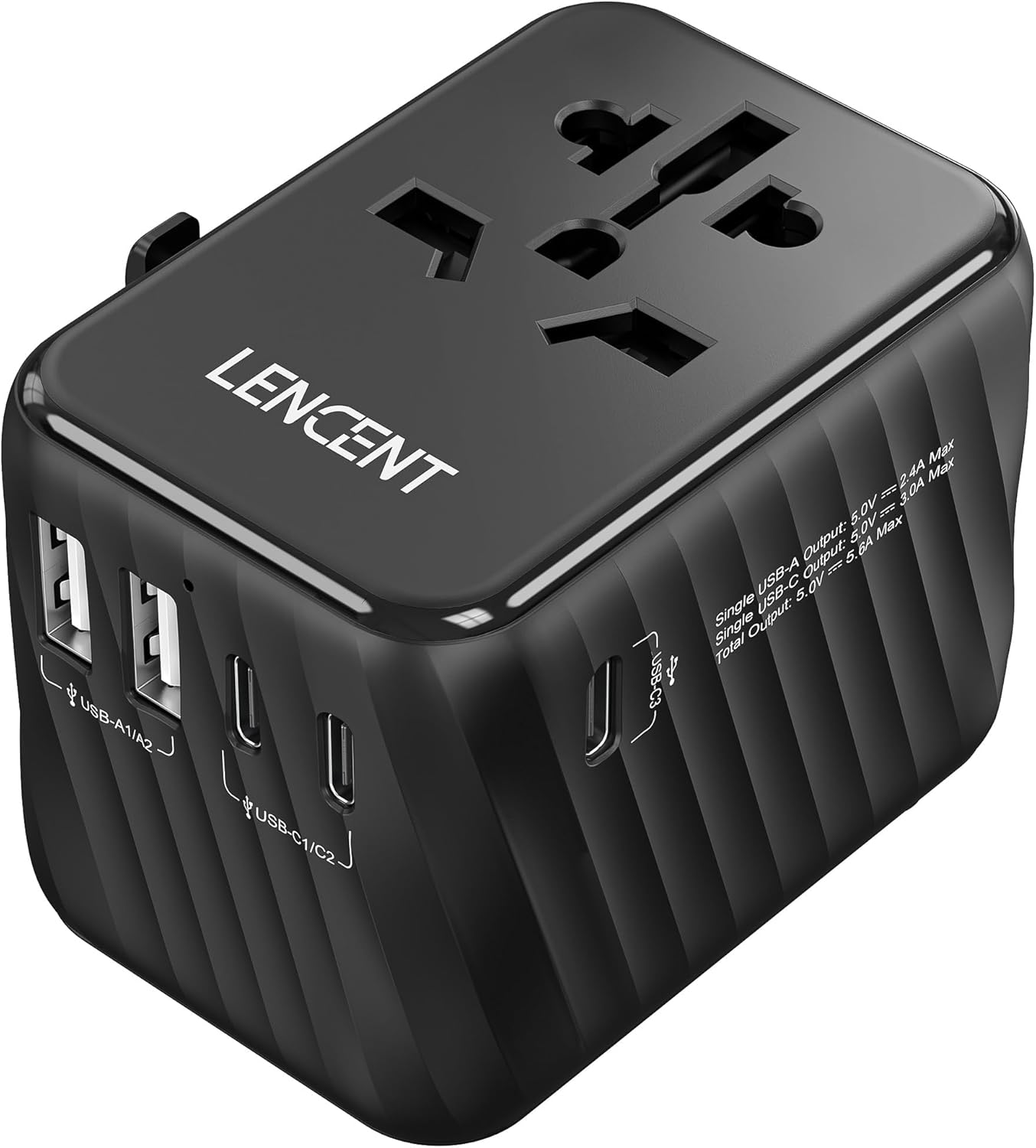 LENCENT Universal Travel Power Adapter, International AC Plug Adaptor with 5.6A 3 USB C 2 USB a Ports Wall Charger Worldwide Travel Essentials for US to EU UK Ireland Australia (Type C/G/A/I) Black image number 2