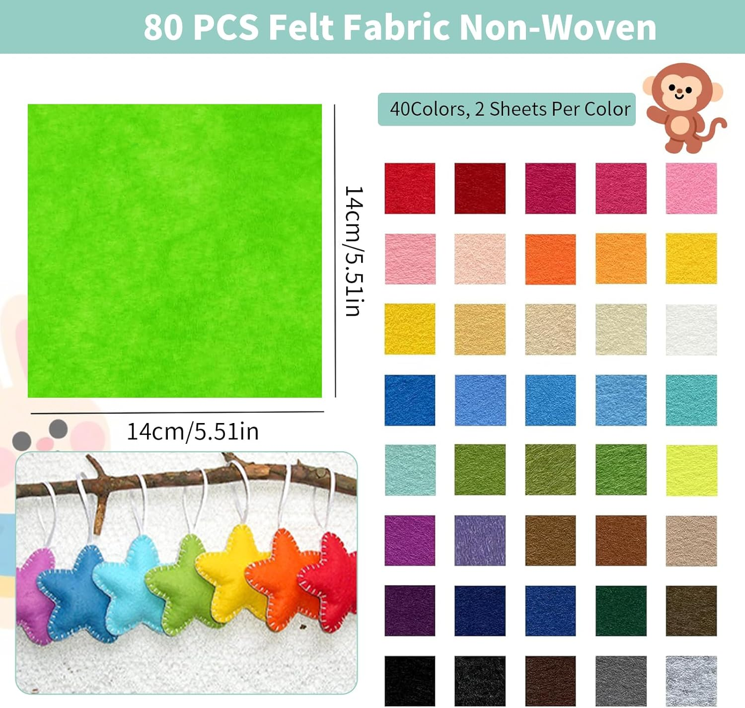 80 PCS Felt Fabric Non-Woven, 40 Colors Felt Fabric Sheets, Super Soft Craft Felt Squares, Scrapbooking Patchwork Sewing Felt, Pre-Cut Felt Fabric Sheet for Craft Work DIY Patchwork Sewing (15X15Cm) image number 6