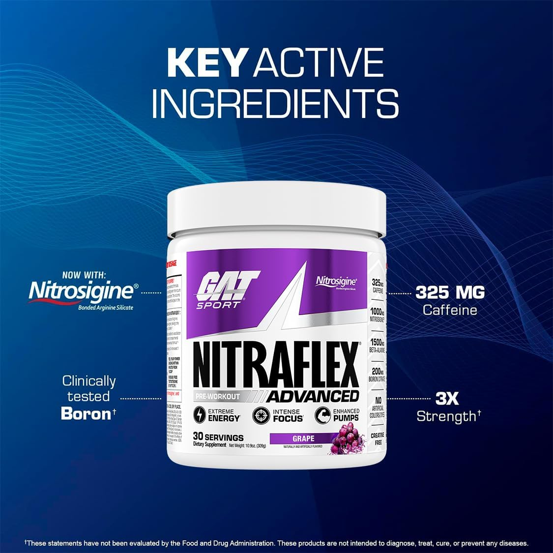GAT Clinically Tested Nitraflex, Testosterone Enhancing Pre Workout, Grape, 300 Gram image number 3