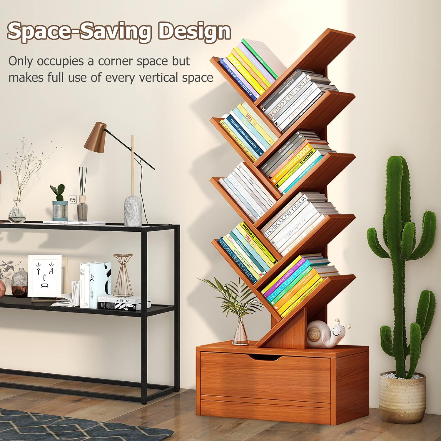 10 Tier Tree Bookshelf with Drawer,Floor Standing Bookshelf, Tall Wood Book Storage Rack with Anti-Fall Device and Heightened Baseand, for Living Room, Bedroom, Office image number 4