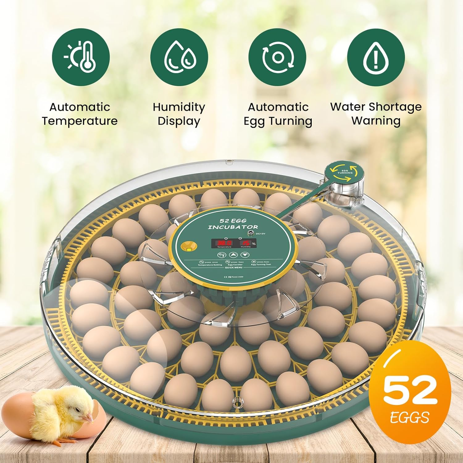 Advwin 52 Eggs Incubator with Temperature Control, Egg Incubator with Automatic Egg Turning and Humidity Display, Built-In Egg Candler Incubator for Hatching Chicken image number 5