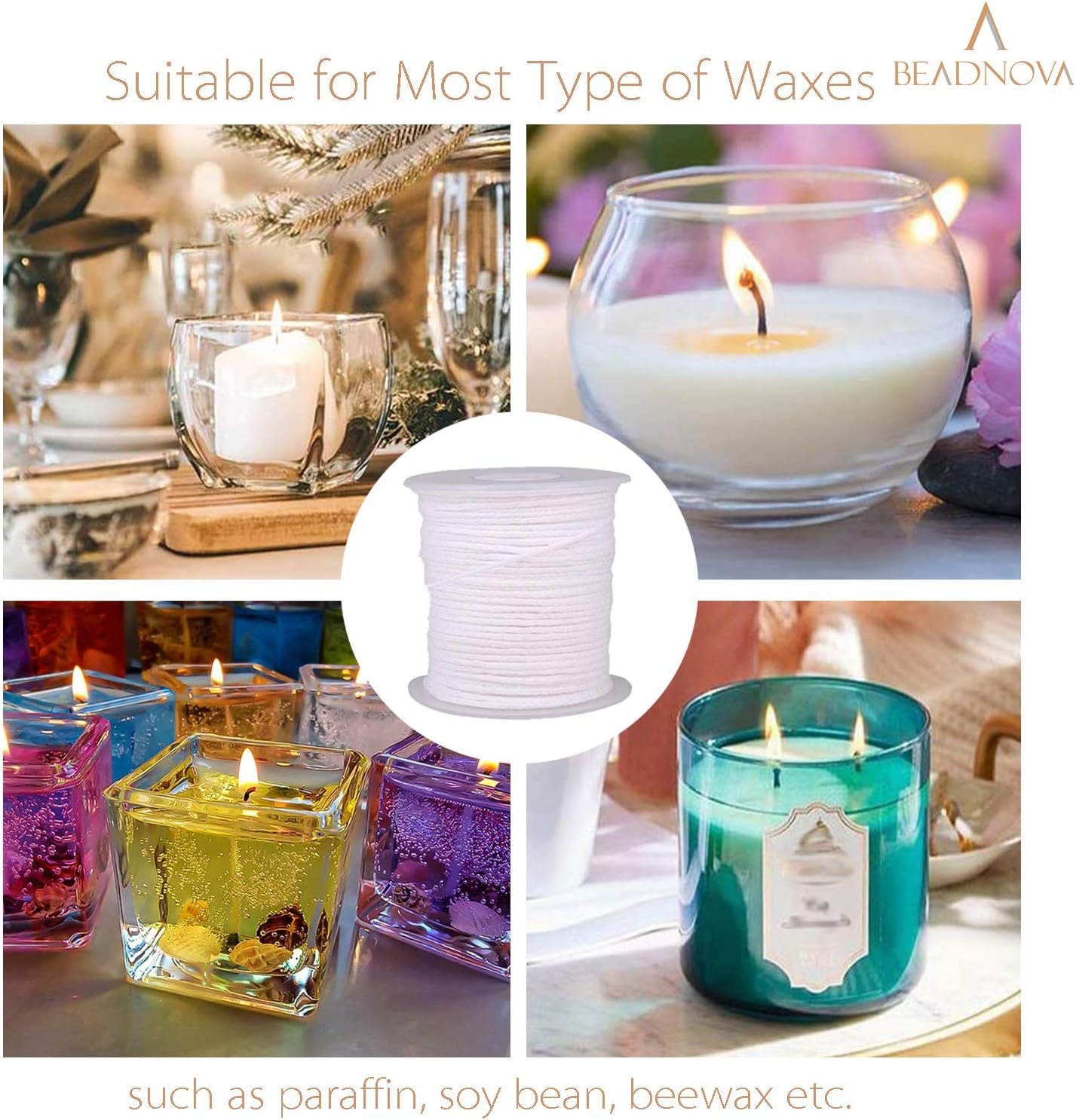 BEADNOVA Braided Candle Wick Spool 200 Ft Cotton Roll Core Braided Wick for Candle Making and DIY (61M/67Yard/200 Foot)