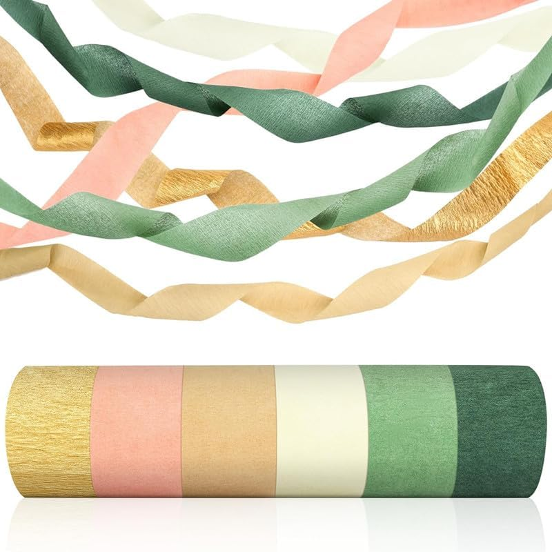 6 Colors Green Khaki Gold Crepe Paper for Party Decorations, Green Gold Wedding Party Crepe Paper Streamers, Crepe Paper Streamers Party Decorations Colourful Streamer