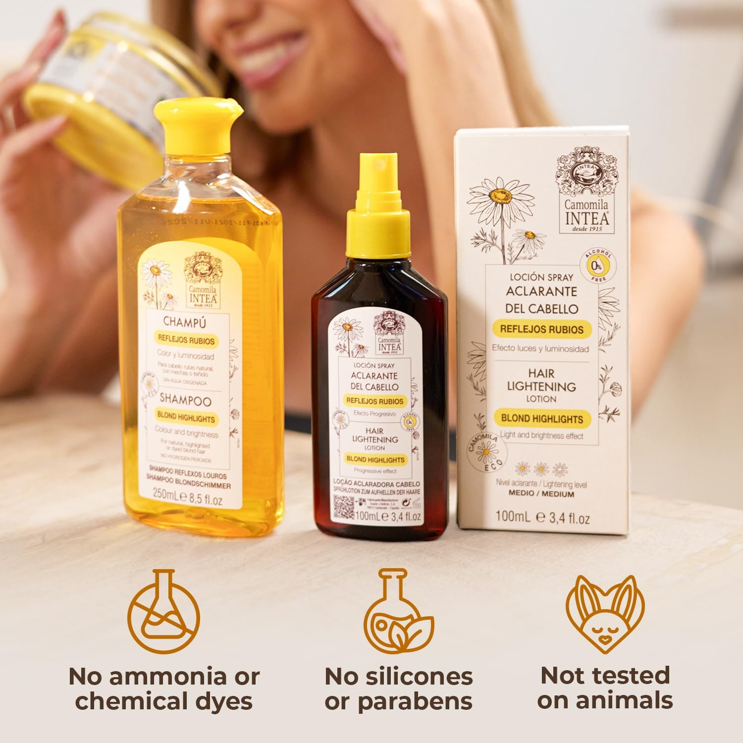 Camomile Natural Blonde Highlights Hair Lightening Spray 100 Ml - Go Blonder without Hair Dye - Hair Lightener Suitable for Brunettes or Blondes to Achieve Blonde Highlights image number 4