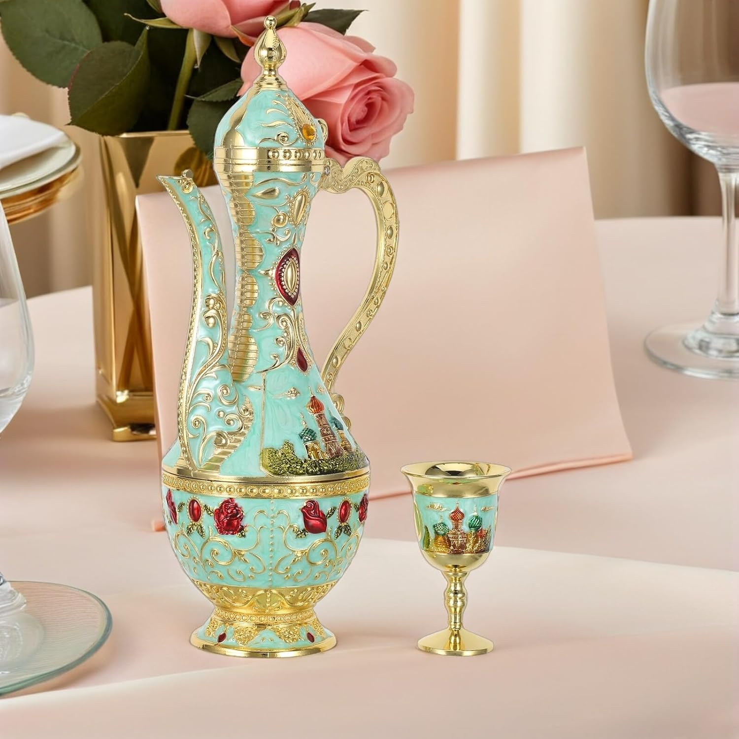 KICHOUSE Vintage Turkish Coffee Pot Set Embossed Castle Pattern, Metal Tea Cups and Wine Goblets, Coffee Decanter and Serving Tray for Home Gatherings and Party Use image number 6