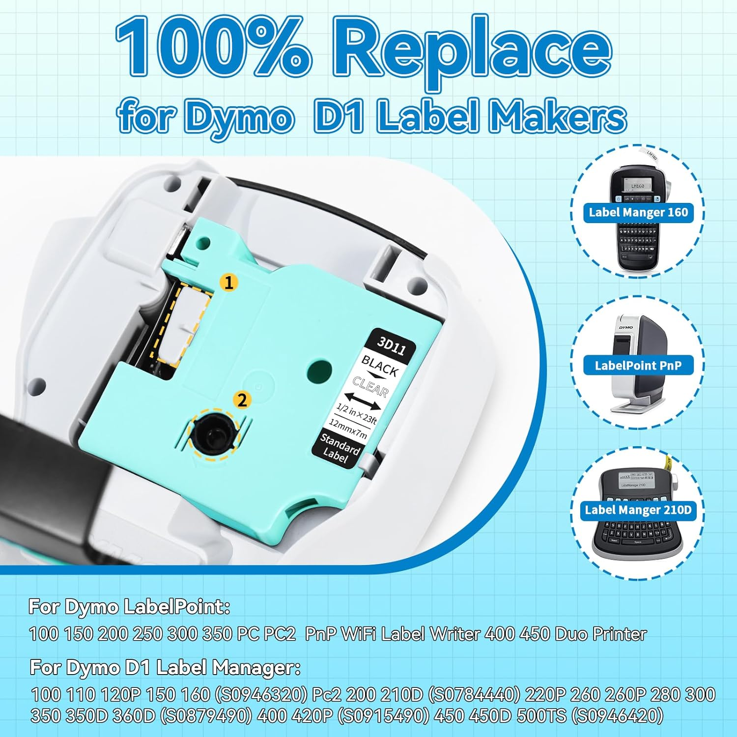 Replacement for DYMO D1 Clear Label Tape 45010 S0720500 Black on Clear 12Mm X 7M Labeling Refills Compatible with Dymo Labelmanager 160 360D 280, 1/2 Inch X 23 Feet, 2-Pack image number 2