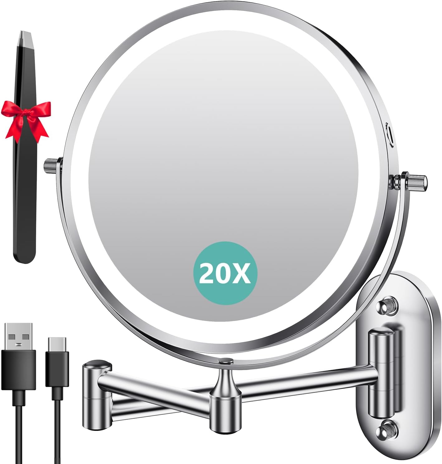 Auxmir 8'' Wall Mounted Lighted Makeup Mirror, 3200Mah Rechargeable Double-Sided 1X/20X Magnifying Mirror with Light, Touch Dimmable 3 Color Light, 360&deg; Rotation Foldable Extended Arm, Chrome
