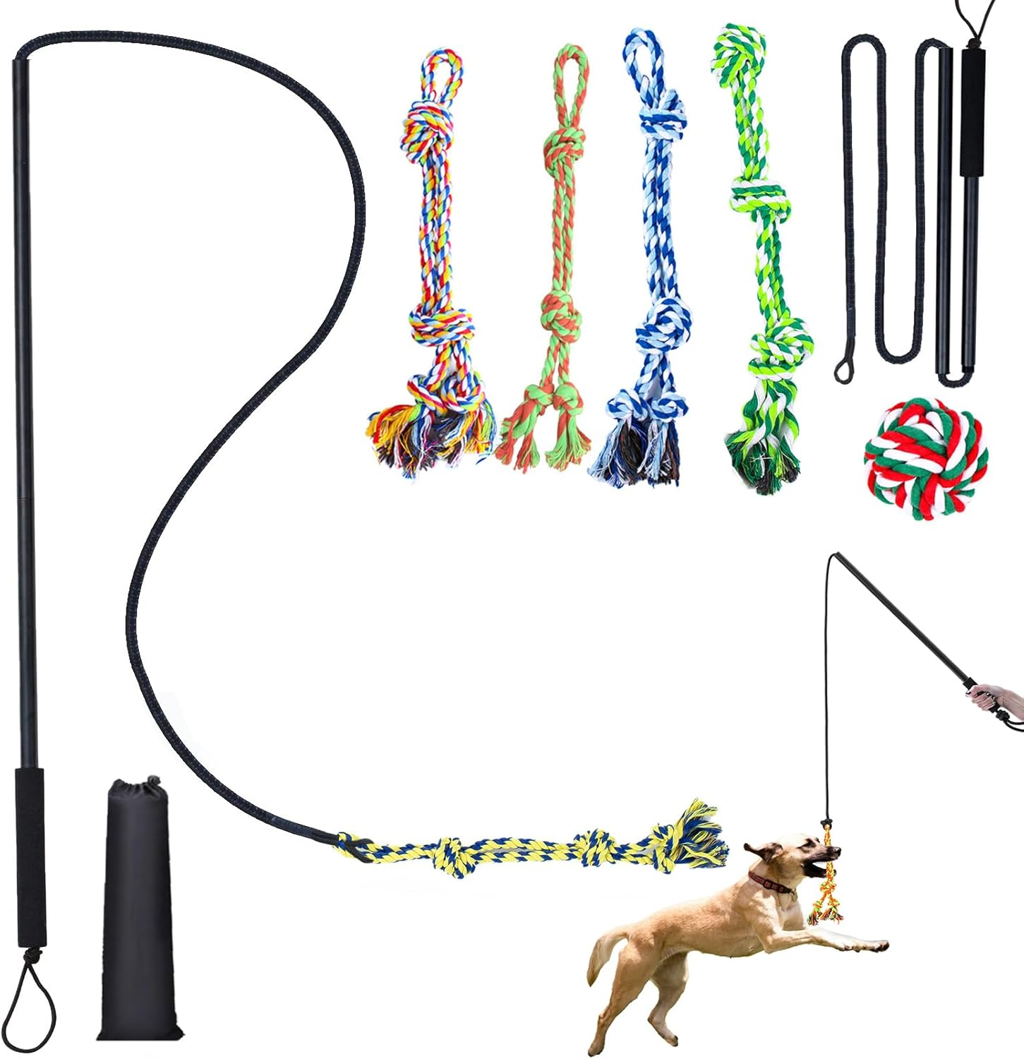 Flirt Pole for Dogs,Foldable Firt Pole,Dog Flirt Pole with 6 Chew Toy,Outdoor or Indoor Dog Rope Toy,Dog Tug of War Toy for Large,Medium,Small Dogs image number 3