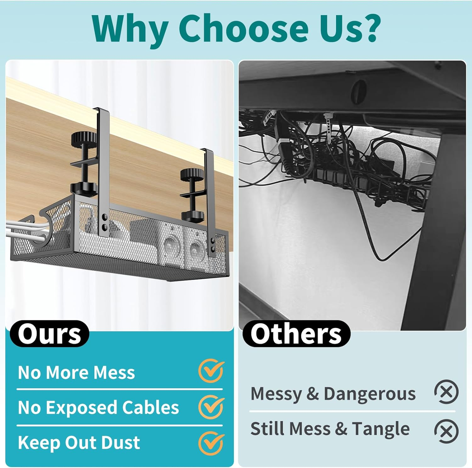 Under Desk Cable Management Tray Black, No Drill Desk Cable Management Organizer with Clamp for Desk Wire Management, Desk PC Cord Organizer Accessories & Workspace Organizers for Office, Home image number 5