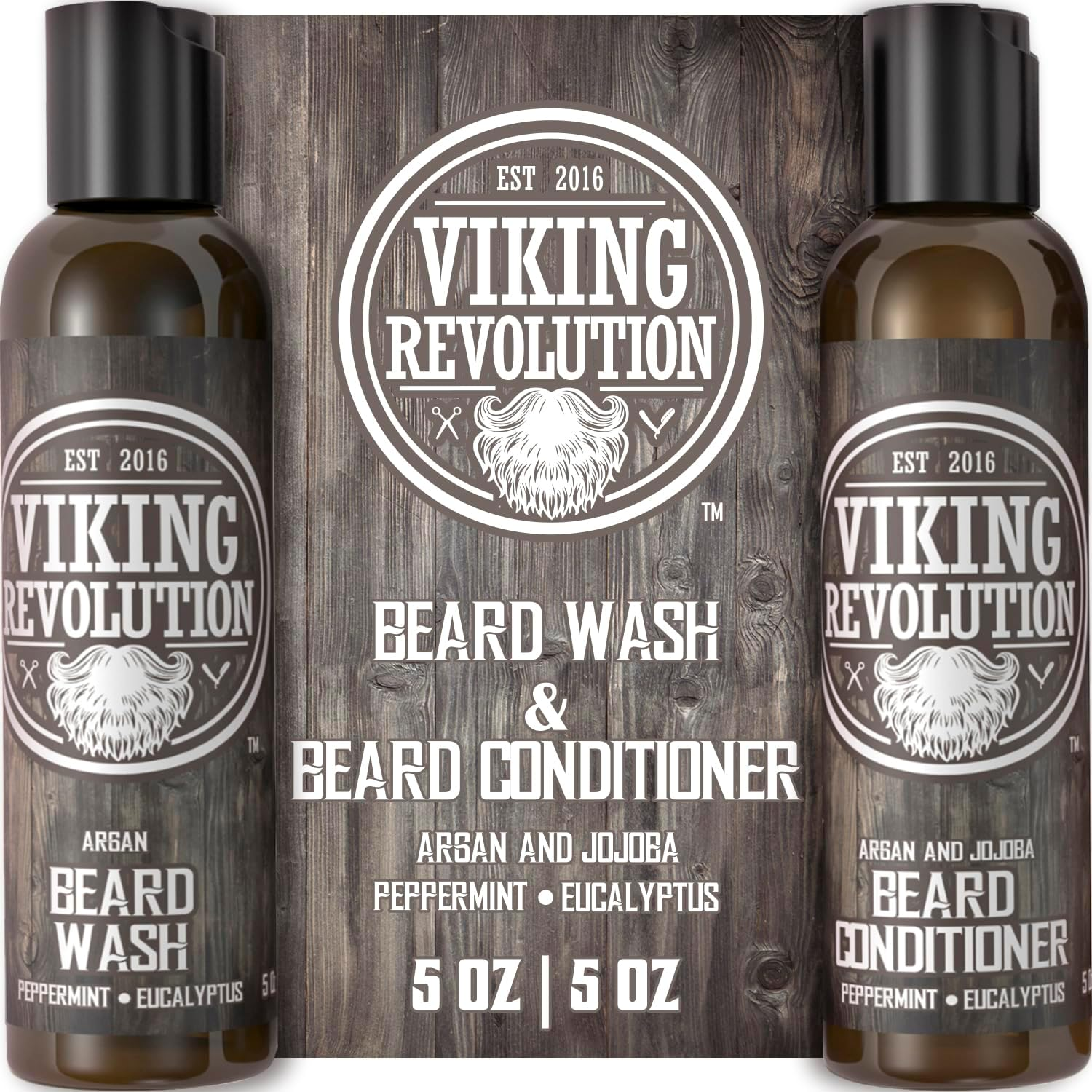 Best Deal Beard Wash & Beard Conditioner Set W/Argan & Jojoba Oils - Softens & Strengthens - Natural Peppermint and Eucalyptus Scent - Beard Shampoo W/Beard Oil 5Oz by Viking Revolution