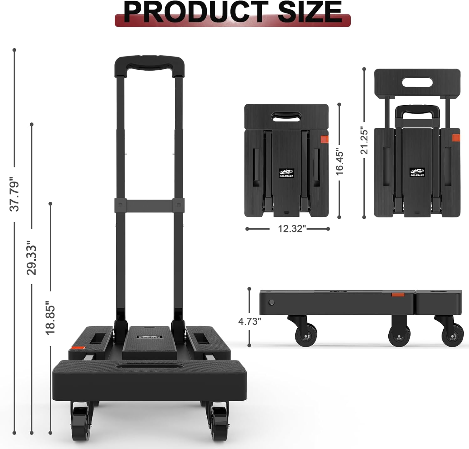 SOLEJAZZ Folding Hand Truck Portable Dolly for Moving, 500LB Luggage Cart Dolly with 6 Wheels & 2 Bungee Cords for Travel, Moving, Shopping Use, Black image number 1