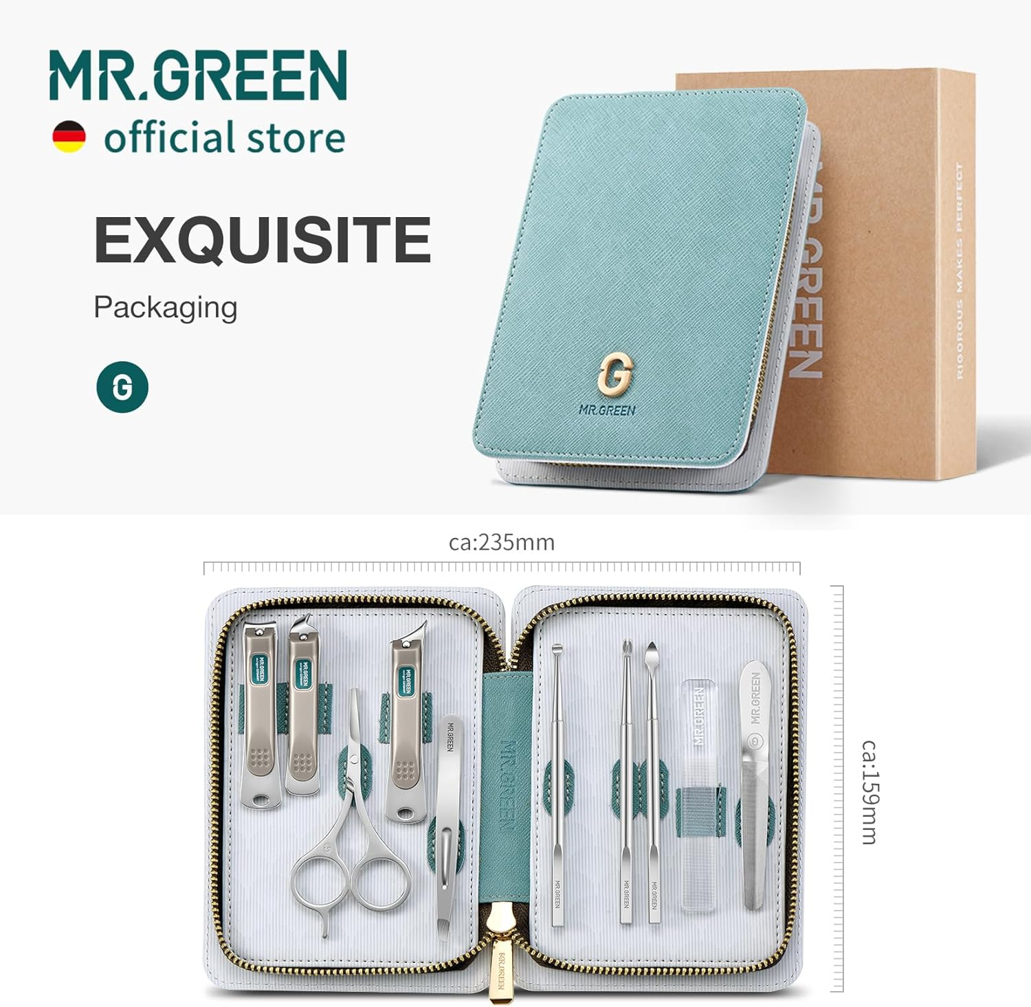 MR.GREEN Fashion Imprint Manicure Sets Professional Nail Clipper Set Personal Care Tool Kits Nial Cutter Gift with Leather Case (Green(10Pcs Set)) image number 2