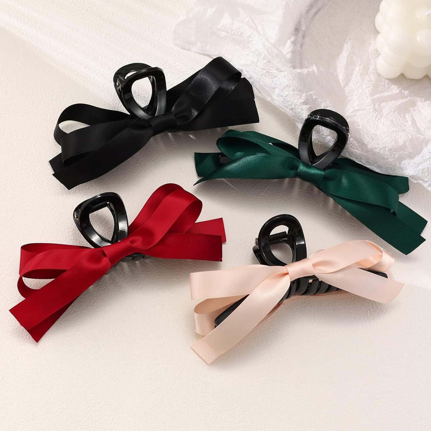 WERPUER 4 Pieces Non-Slip Hair Clip with Bow for Thin Thick Curly Hair Accessories with Bow for Birthday Party Christmas Thanksgiving (Black, Pink, Green, Red)