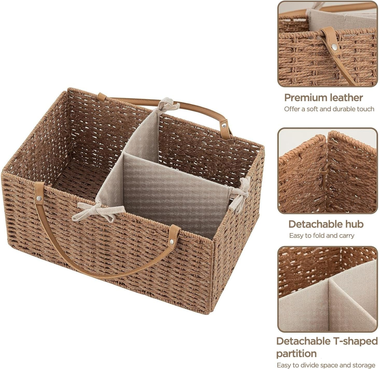 Hblife Large Baby Diaper Caddy Organizer, Paper Rope Storage Baskets Nursery Bin with Removable Divider, Portable Car Organizer for Diapers, Baby Shower Gifts, Newborn Essentials Must Haves image number 4