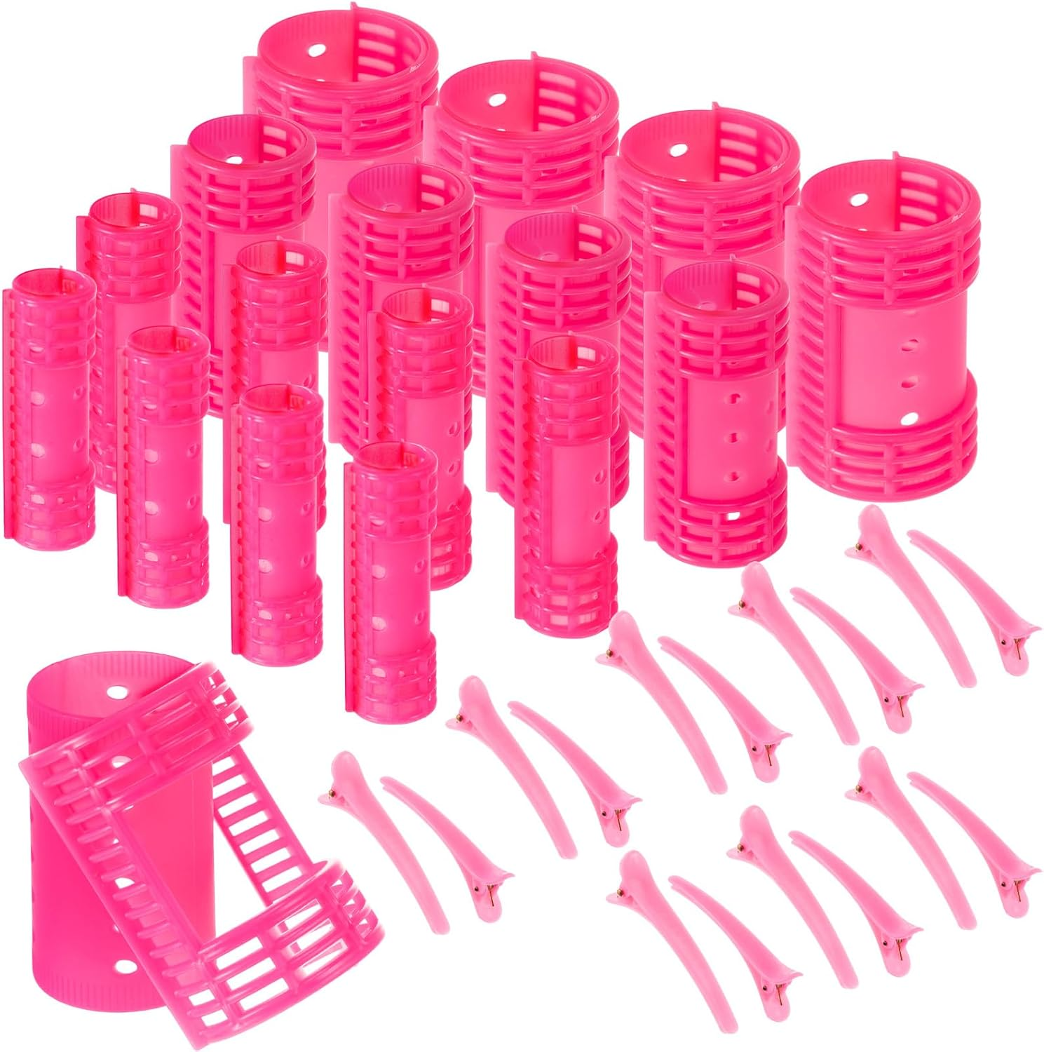 WILLBOND 65 Pieces Magnetic Rollers Plastic Rollers Hair Curlers Set 4 Sizes for Long Medium Short Hair, Duck Clips Hairnet Hairdressing Styling Tool (Pink)