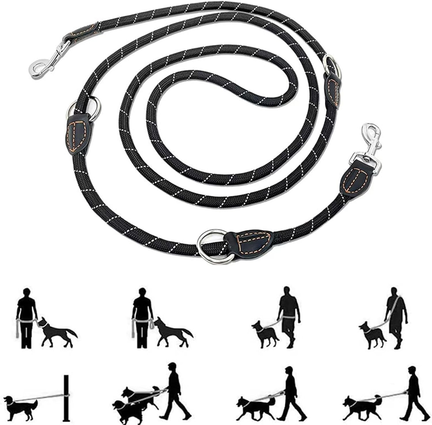 Dog Lead 3 M Adjustable with 2 Carabiners, Shoulder Leash/Double Lead Perfect for Large Dogs with Comfortable Padded Handle and High Reflective Line, with Dog Poop Bag Holder (Black) image number 4