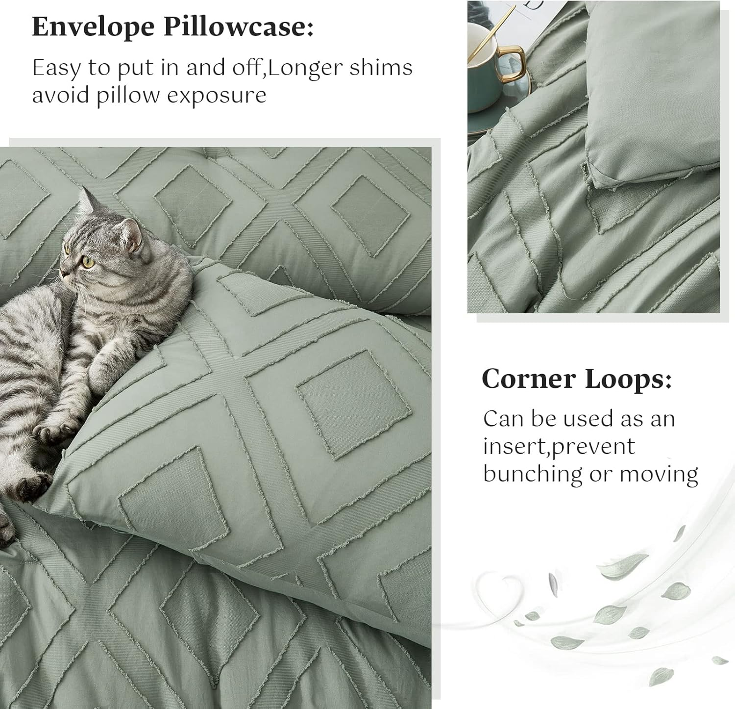 Boho Queen Comforter Set,Sage Green Rhombus Tufted Queen Size Comforter Set with Corner Loops,3 Pieces Embroidery Shabby Chic Bedding Comforter Sets for All Seasons(Sage Green,Queen) image number 2