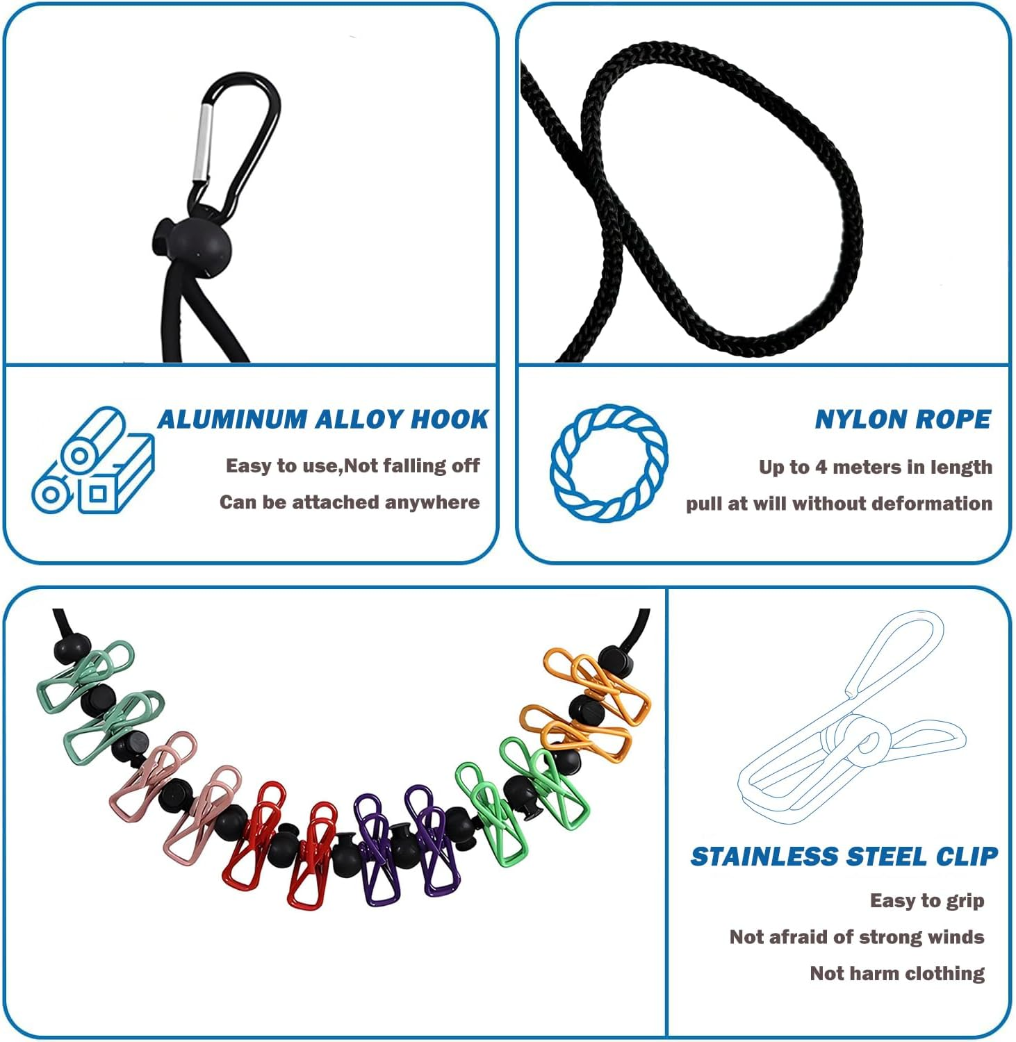 Portable Clothesline for Travel &ndash; Windproof, Non-Slip, 12 Clips | Indoor/Outdoor Drying 4M Line for Camping, RV, Balcony, Hotel,Cruise Ship image number 2