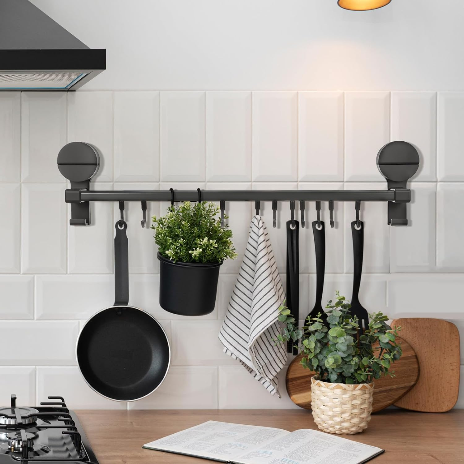 Suction Cup Kitchen Utensil Rack with Hooks No-Drill Wall Mounted Sliding Rail Organizer for Kitchen Bathroom Bedroom and Hanging Holder for Tools and Towels image number 4