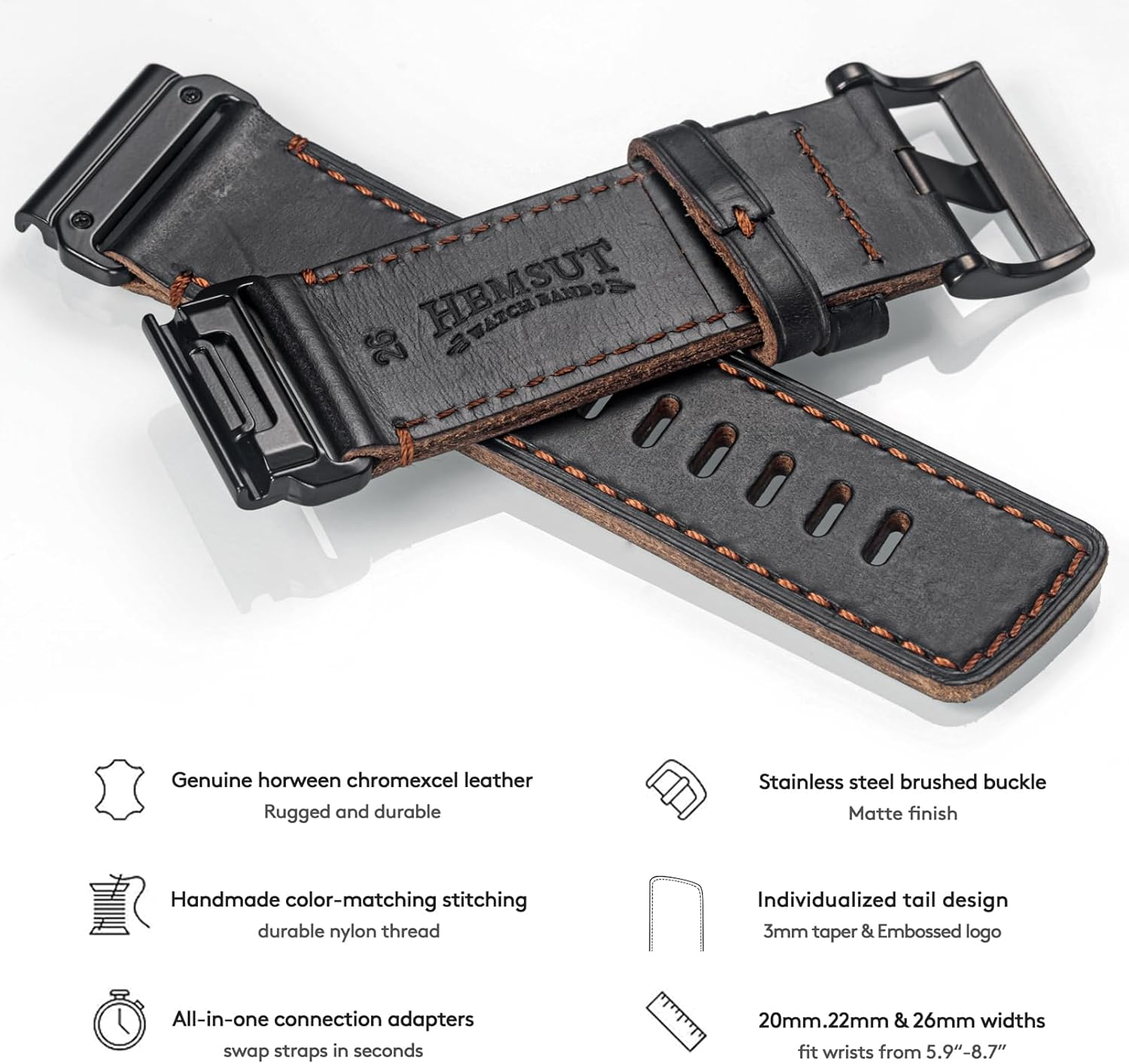 Hemsut H Compatible with Fenix 5 Band 22Mm Width Soft Horween Leather Watch Strap for Fenix 5 Plus/Fenix 6/Fenix 6 Pro/Fenix 7/Exip/Forerunner 935/945/Approach S60/Quatix 5&hellip; image number 7