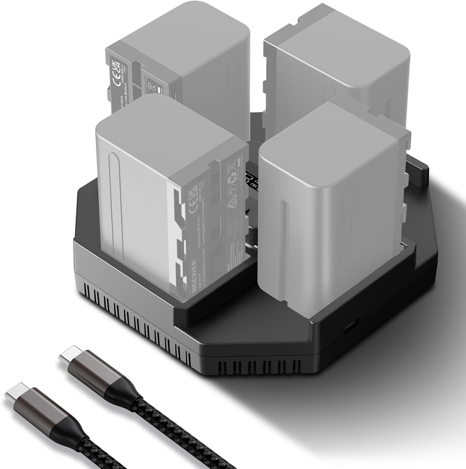 NEEWER NP-F970 4 Channel Charger for NP-F550 NP-F750 Camcorder Camera Battery, 100W PD Fast Charging NPF Battery Charger with OLED Display & 100W USB C to USB C Fast Charging Cable, NW-F4 image number 4