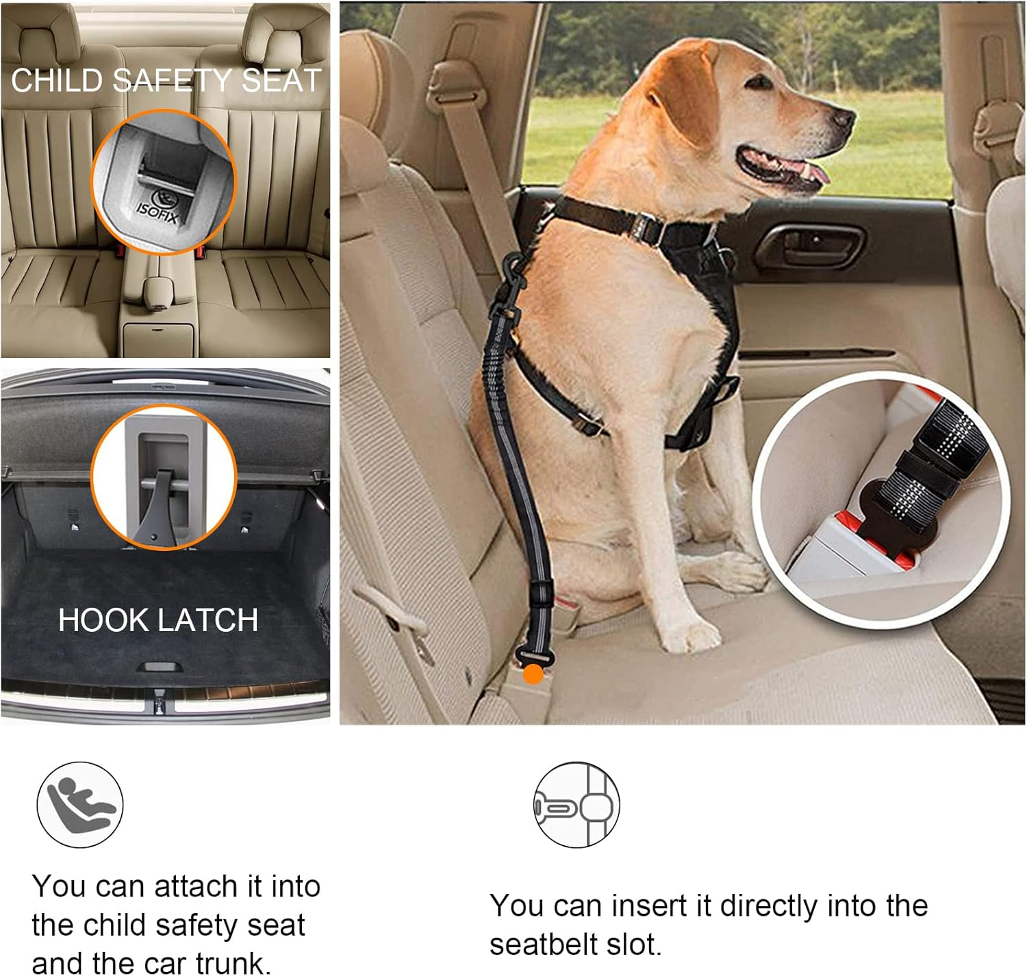 Dog Seat Belt, Pack of 2 Adjustable Seat Belt Dogs for Car, 3-In-1 Reflective Bungee Dog Belt for Car with Hook Seat Belt Dog Car for All Dog Breeds & Car Types (Black)