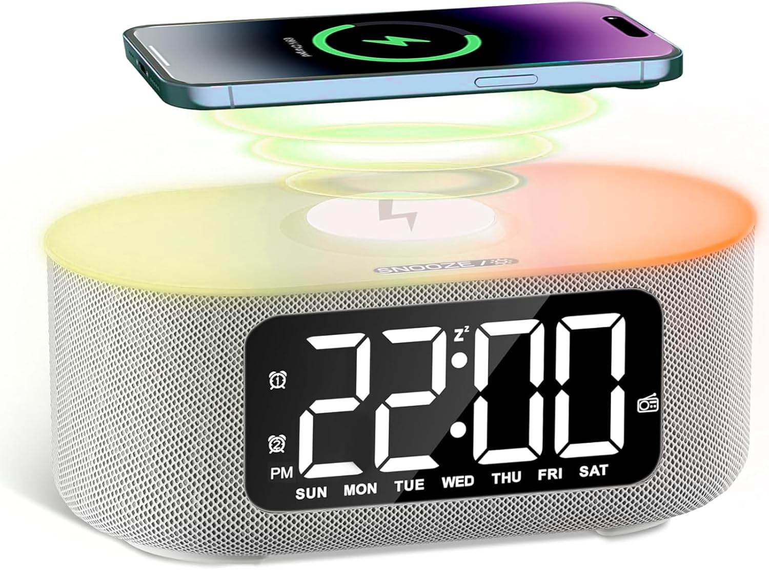 Sound Machine Alarm Clock for Bedroom, 15W Fast Wireless Charger, Digital Clock with FM Radio, Nightlight, Snooze, Dimmer, Bluetooth Stereo Speaker, White Noise Machine for Sleeping with 25 Sounds