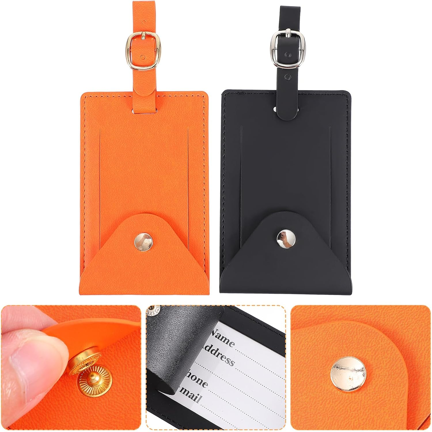 WRITWAA 2Pcs Portable Luggage Tags with Adjustable Lanyard for Travel Suitcases Id Name Labels for Easy Baggage Identification Reusable Bag Tags in Black and Orange image number 2
