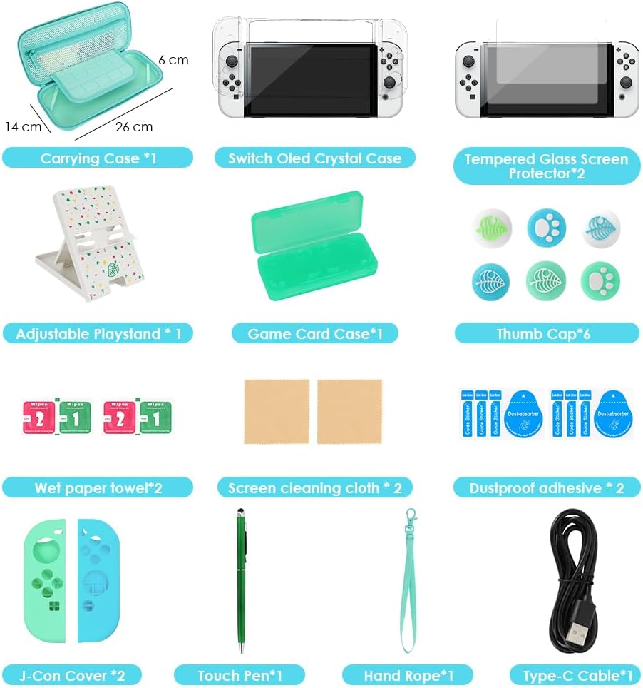 WOTOW 27 in 1 Accessory Kit for Nintendo Switch OLED with Animal Crossing Bag, Protective Crystal Cases for OLED, Tempered Films, Stand, Remote Sensing Caps, Game Card Case image number 4