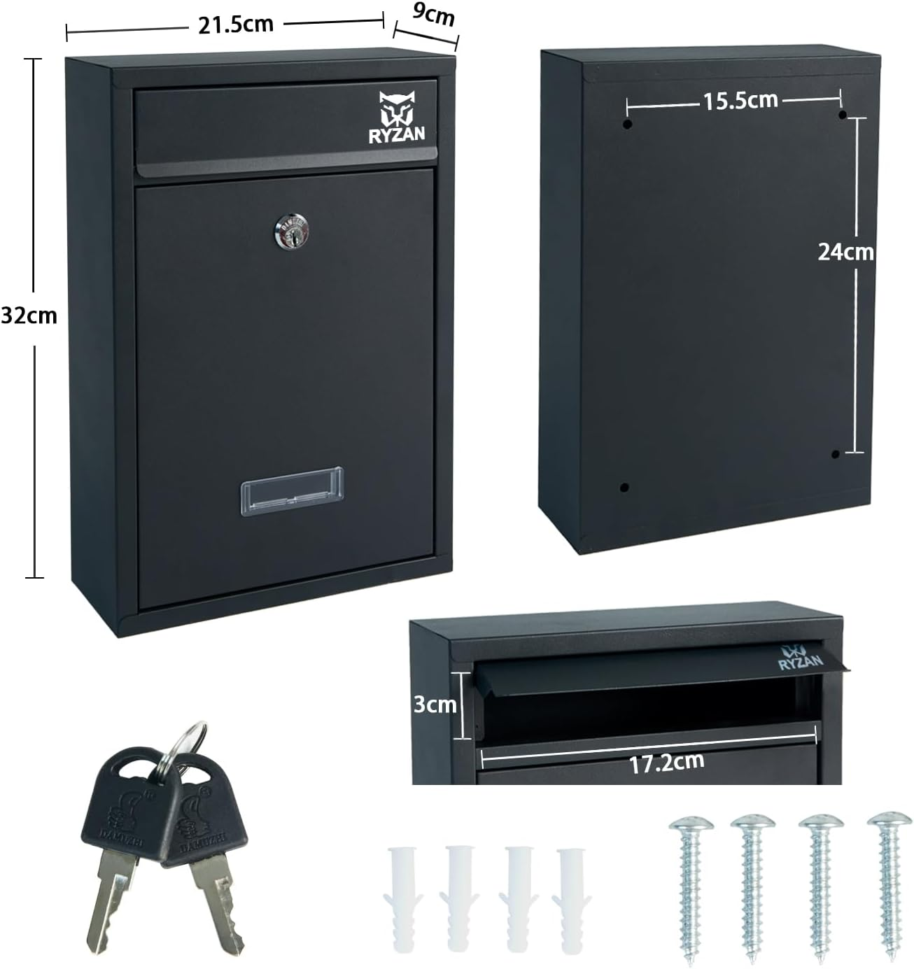 RYZAN Letter Box, Post Box & Parcel Box Outdoor - Lockable Storage Box with Secure Key Lock - Post Boxes Wall Mounted Waterproof, Durable Rust-Resistant Design for Residential & Commercial Use image number 1