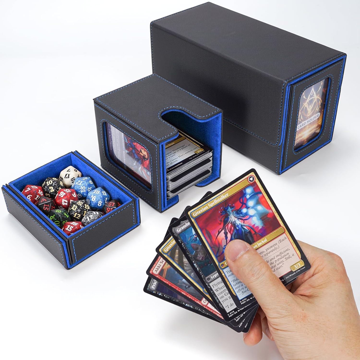 AFIING MTG Commander Card Storage Box - Fits 200 Double Sleeved Cards,3-In-1Card Deck Case,Strong Magnet Card Organizer for Magic Commander TCG Ccg,4Dividers &2 Toploaders, Black/Blue - Black Gold image number 3