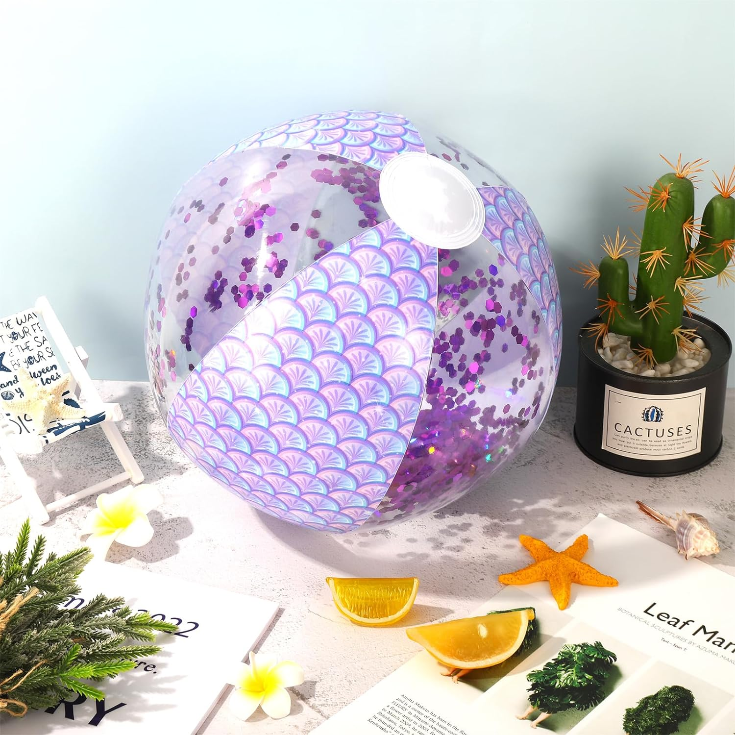 Whaline 3Pcs 16'' Mermaid Inflatable Beach Ball Glitter Pool PVC Balls Game Play Balloons for Summer Hawaiian Tropical Theme Beach Party Decorations Water Sand Game Accessory, Pink Blue Purple image number 1