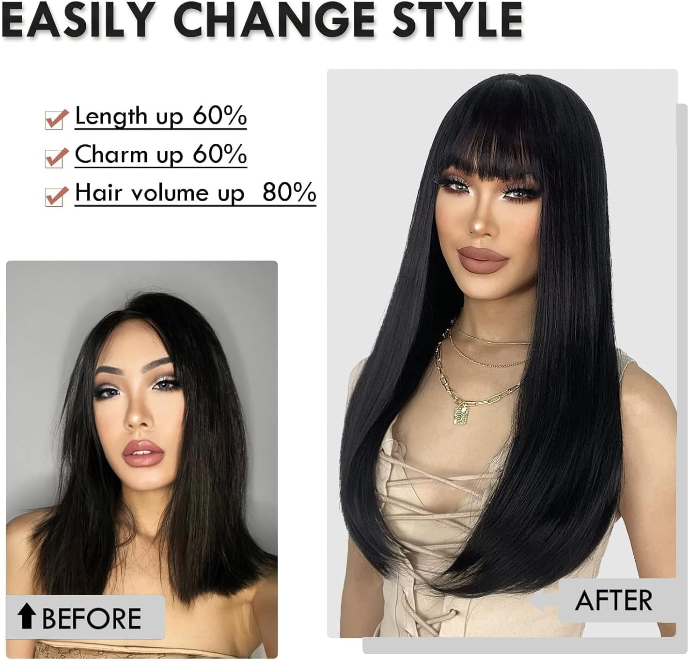 XILIYAI Long Black Straight Wigs for Women 26 Inch Glueless Realistic Synthetic Wig with Bangs Heat Resistant Natural Layered Wig for Girls Daily Party Cosplay - Black-Wavy image number 3