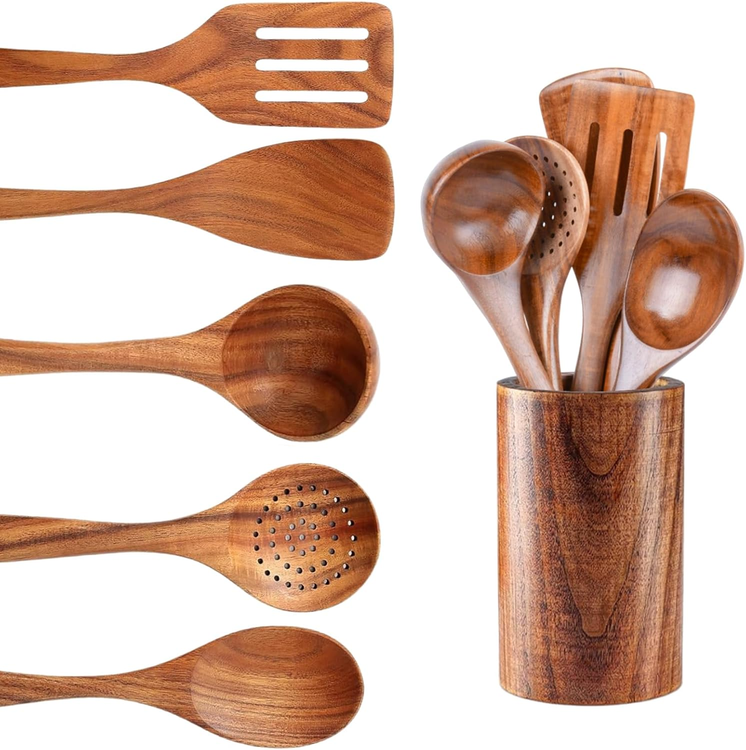 6 Piece Natural Acacia Wooden Kitchen Utensil Set, Comfortable Grip Cooking Spoons & Tools Includes Wooden Spatula Spoon and Utensils Holder image number 1