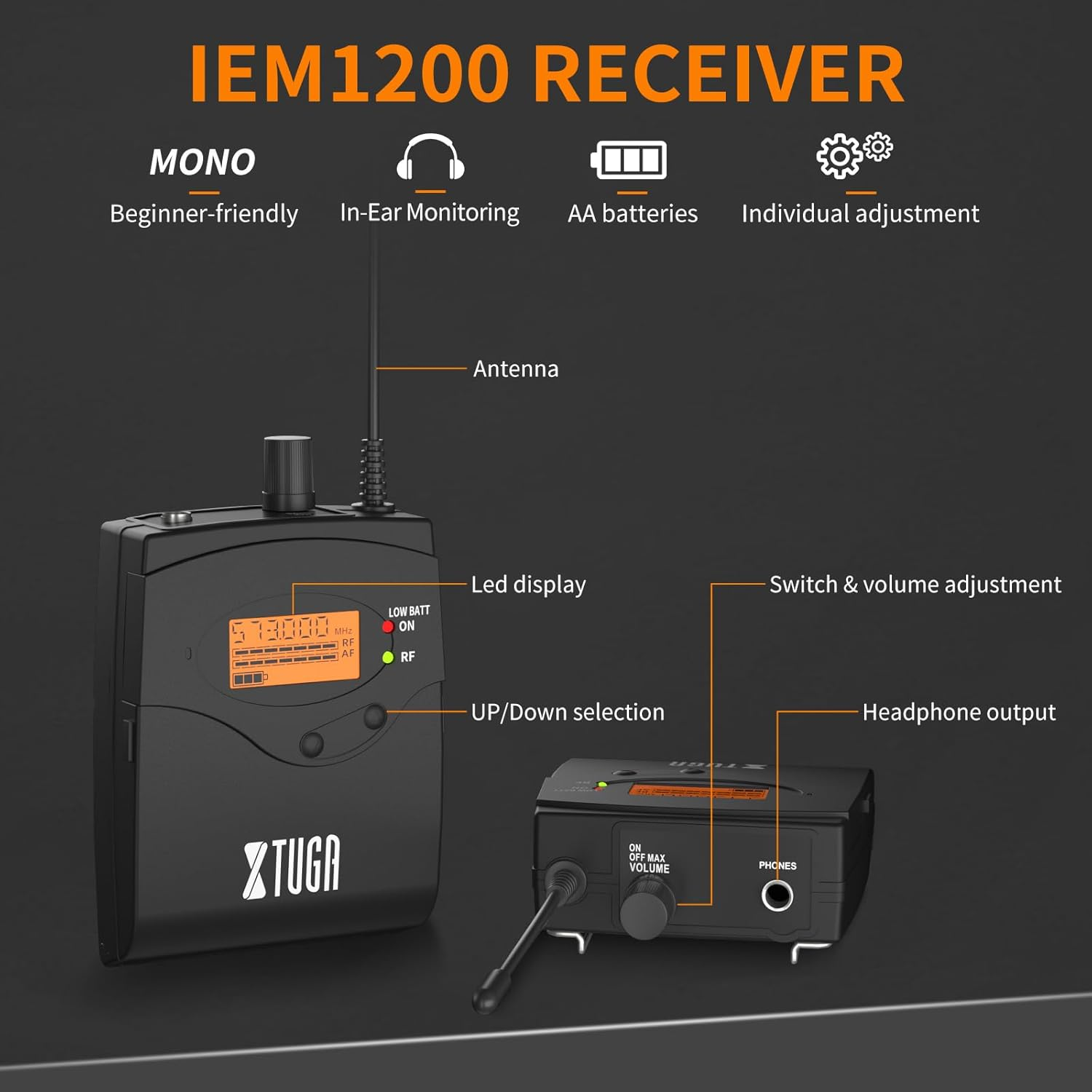 XTUGA IEM1200 UHF Mono Wireless in Ear Monitor System 2 Channel 5 Bodypacks Monitoring with in Earphone, 40 Frequencies, Rack Mountable, up to 300Ft Operation, Suitable for Church and Band image number 4